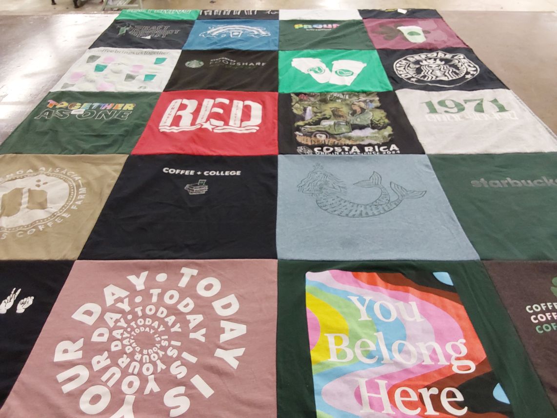 T-shirt quilt with coffee, education themes by AMBER from WI