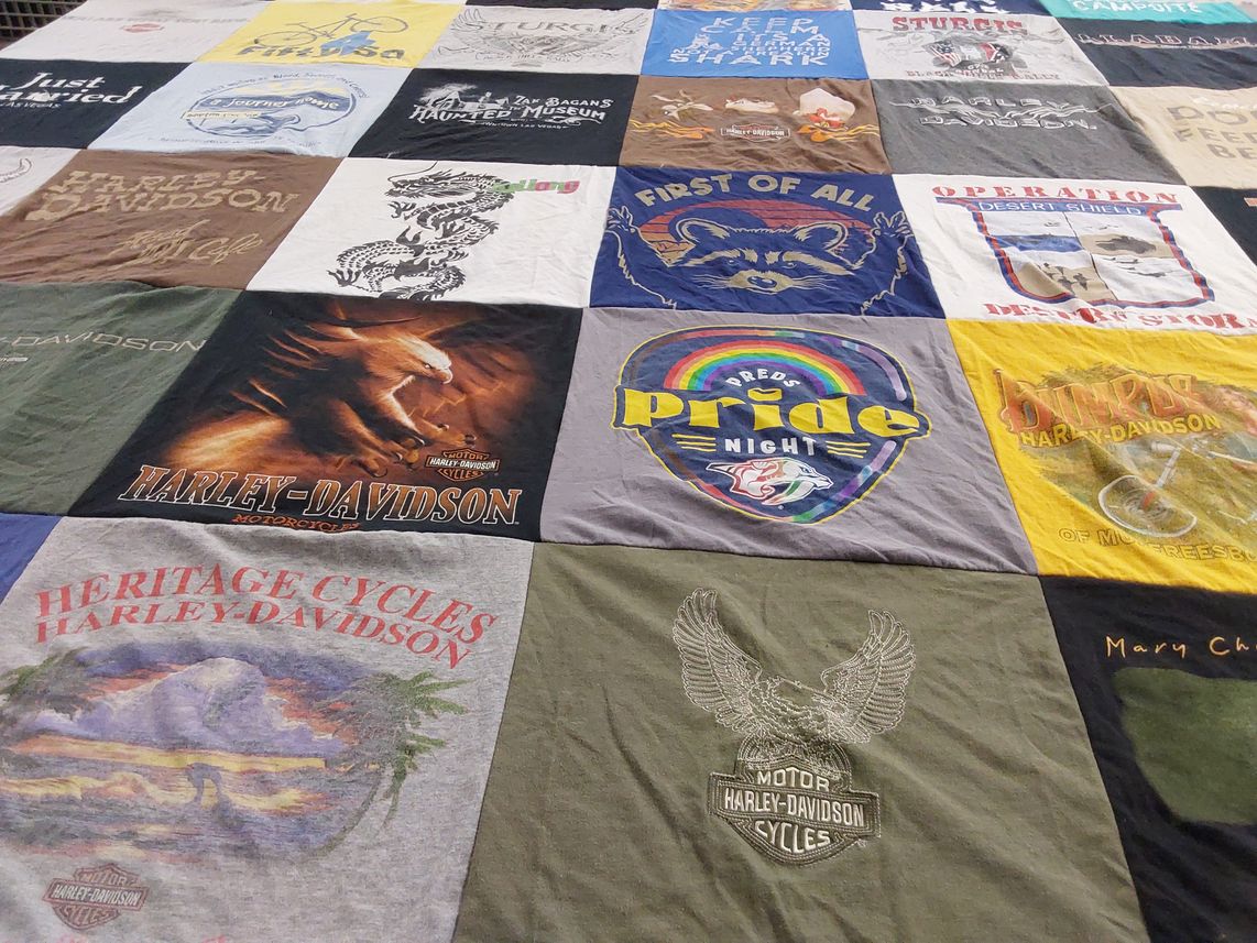 T-shirt quilt with motorcycles, pride events themes by Deana from TN