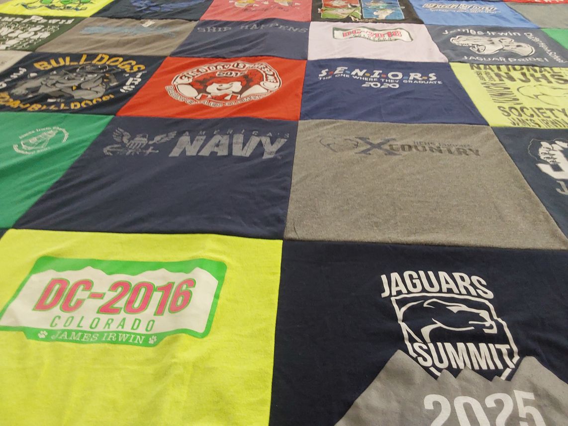T-shirt quilt featuring summit high school jaguars, irwin high school bulldogs by Joann from CO