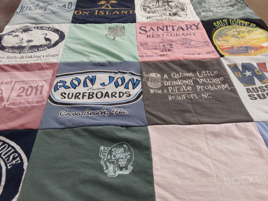 T-shirt quilt with beach, food themes by Kathleen from NC