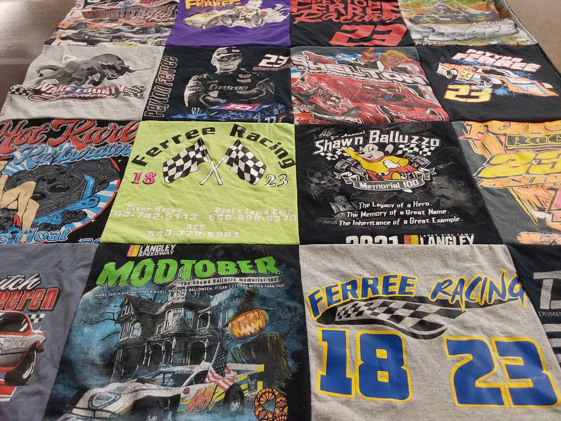 T-shirt quilt with racing, motorsports themes by Christina from VA