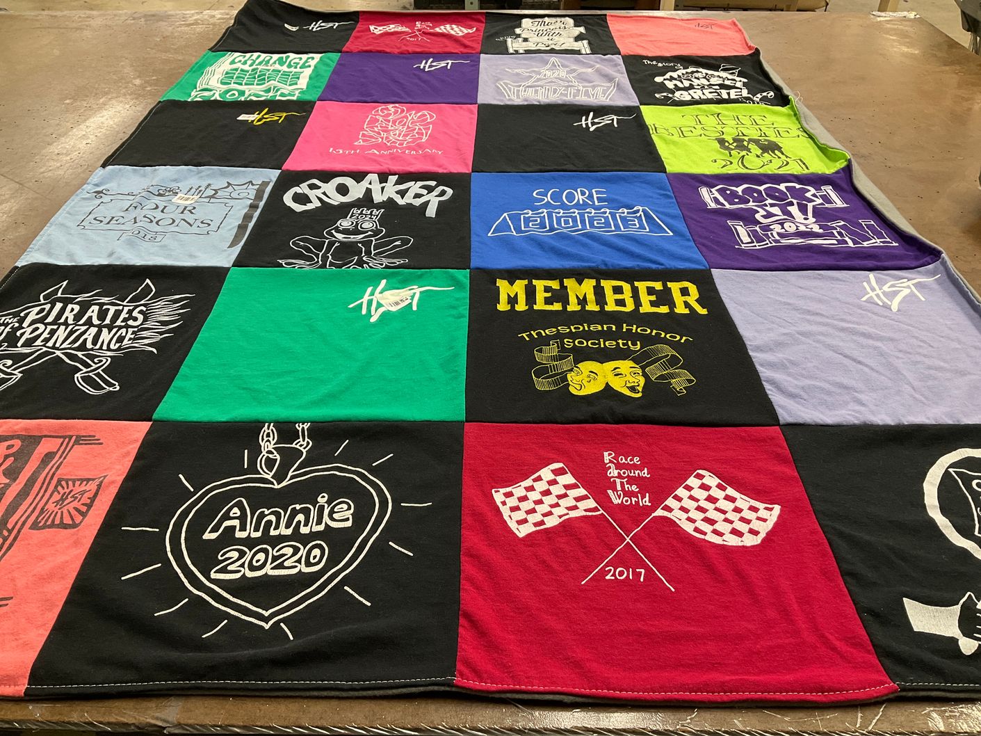T-shirt quilt with theater, performing arts themes by Catherine from MD