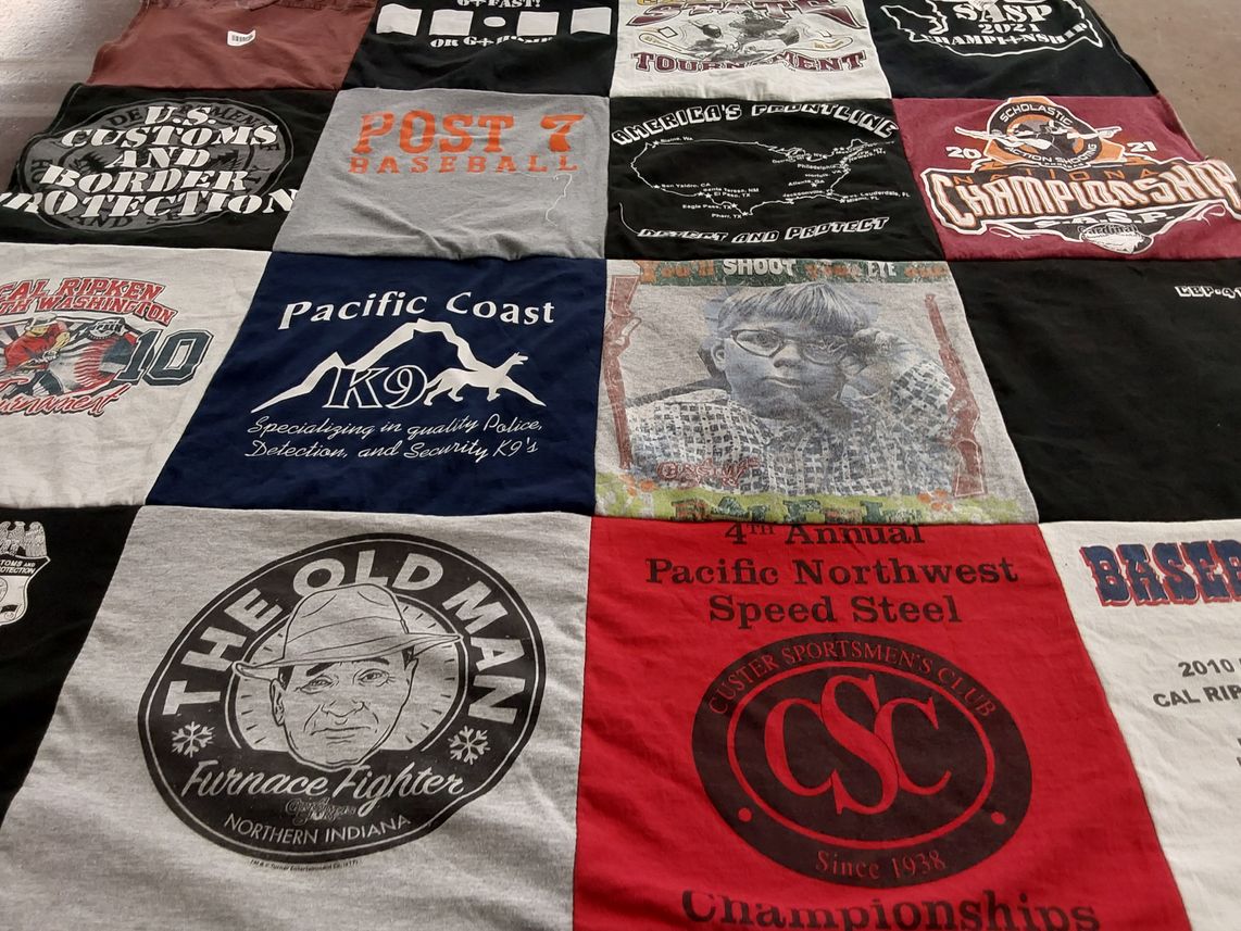 T-shirt quilt with baseball, k9 themes by Angela from WA