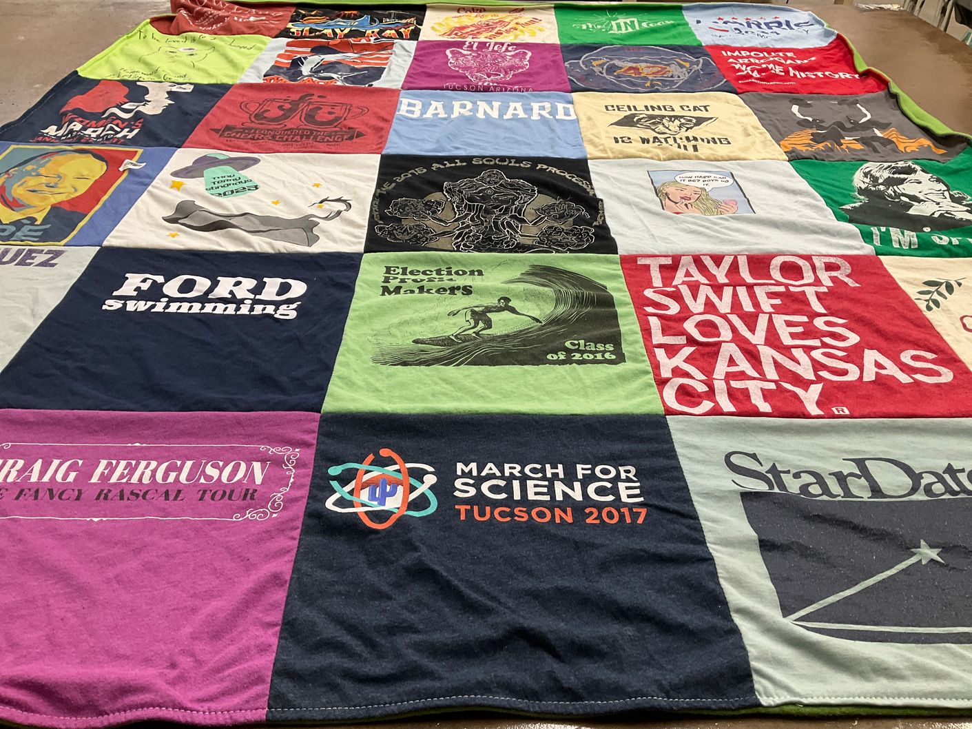 T-shirt quilt with science, music themes by SARAH from AZ
