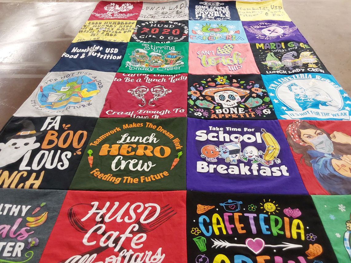 T-shirt quilt with school meals, food service themes by Pamela from AZ