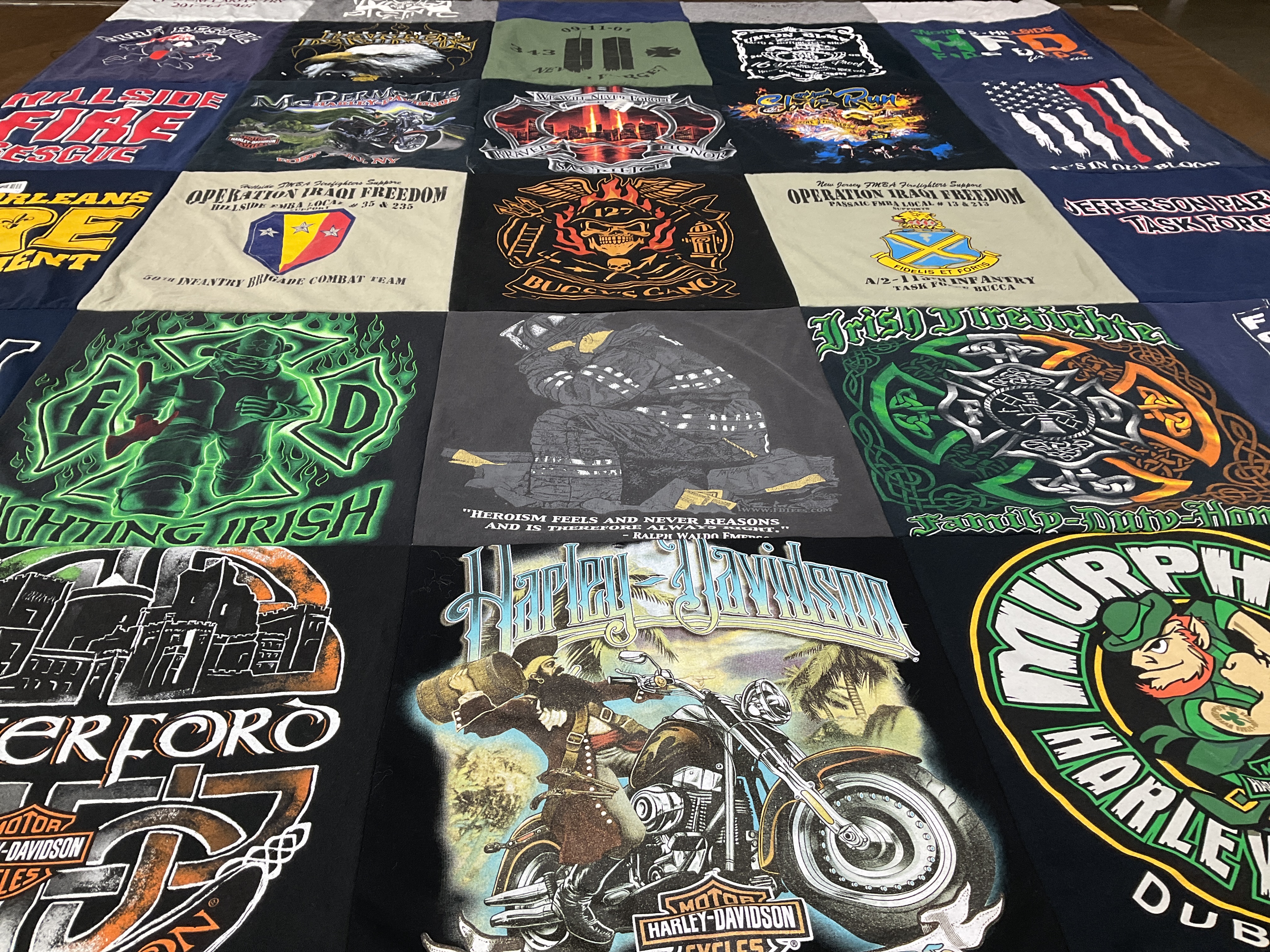 T-shirt quilt with motorcycles, firefighting themes by Melissa from NJ