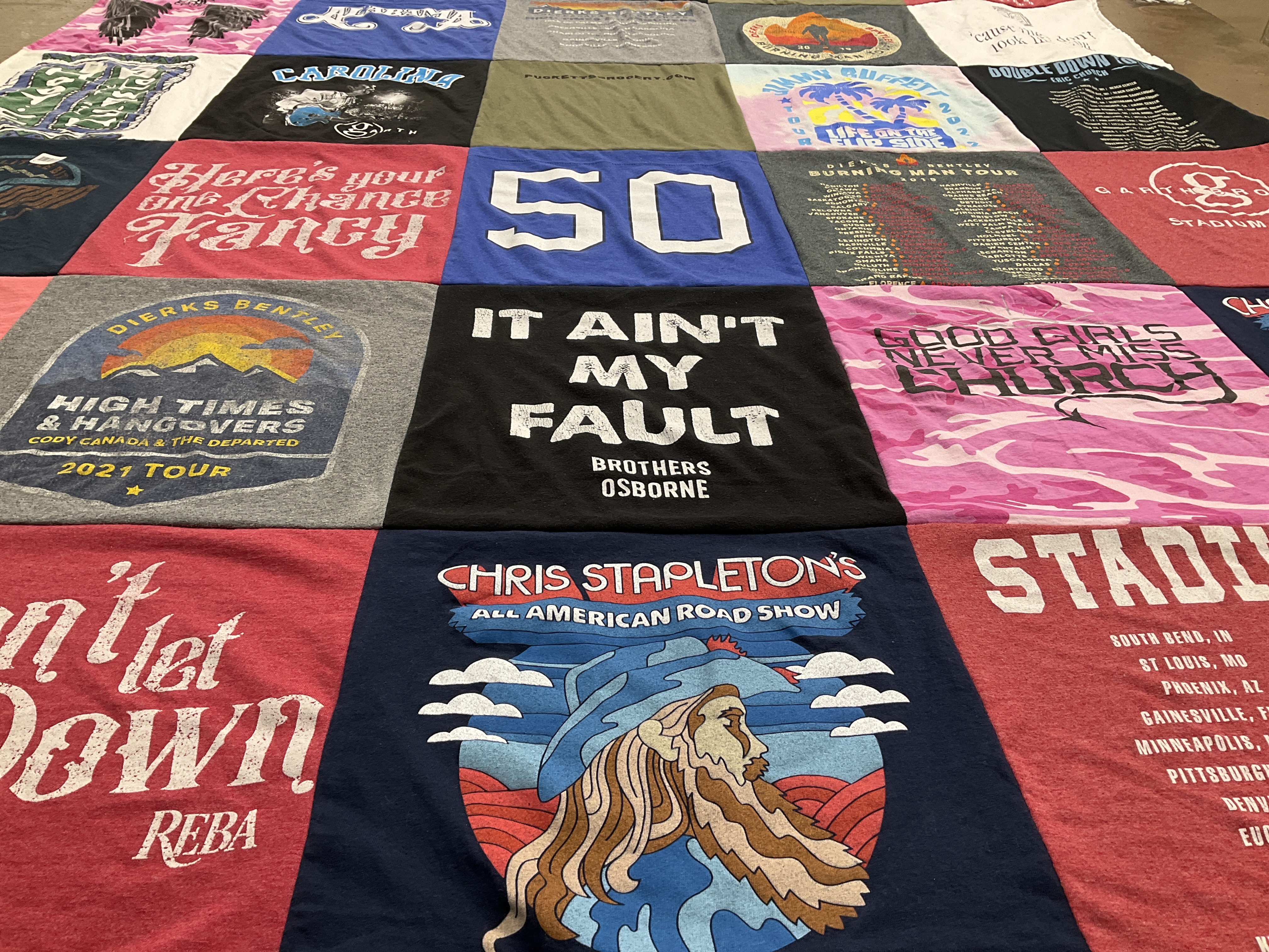 T-shirt quilt with country music, concerts themes by Dyan from NC