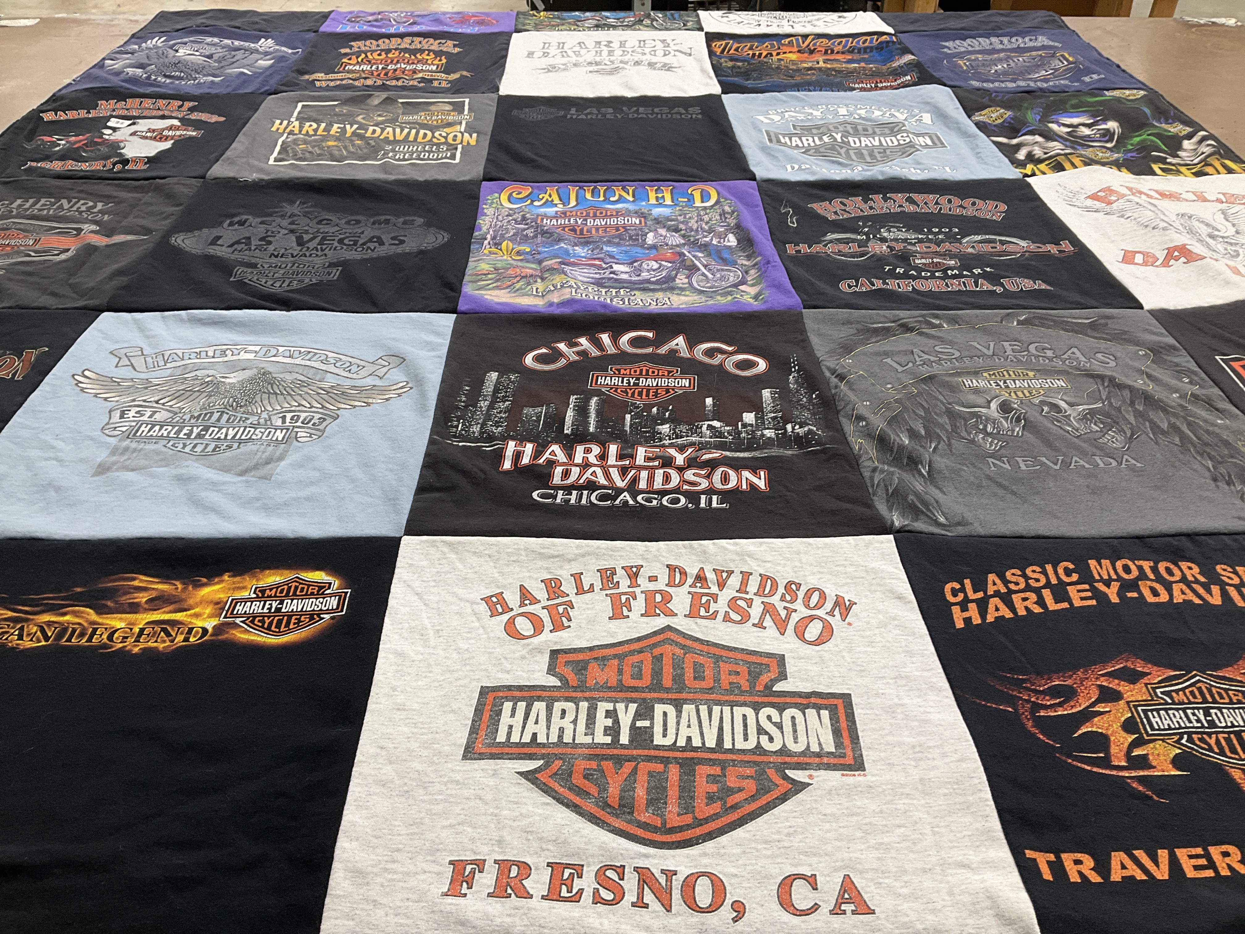 T-shirt quilt with motorcycles, biking themes by Ellie from IL