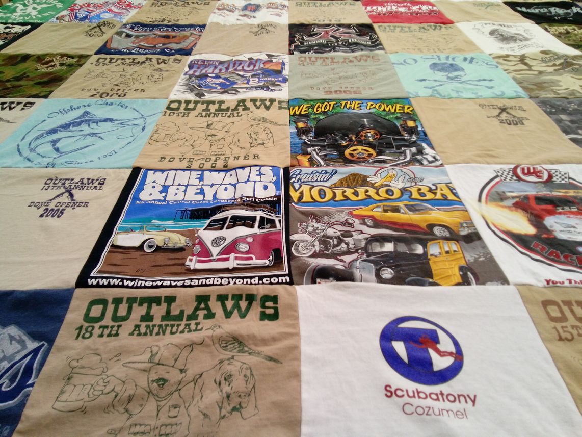 T-shirt quilt with surfing, cars themes by Kathryn from CA