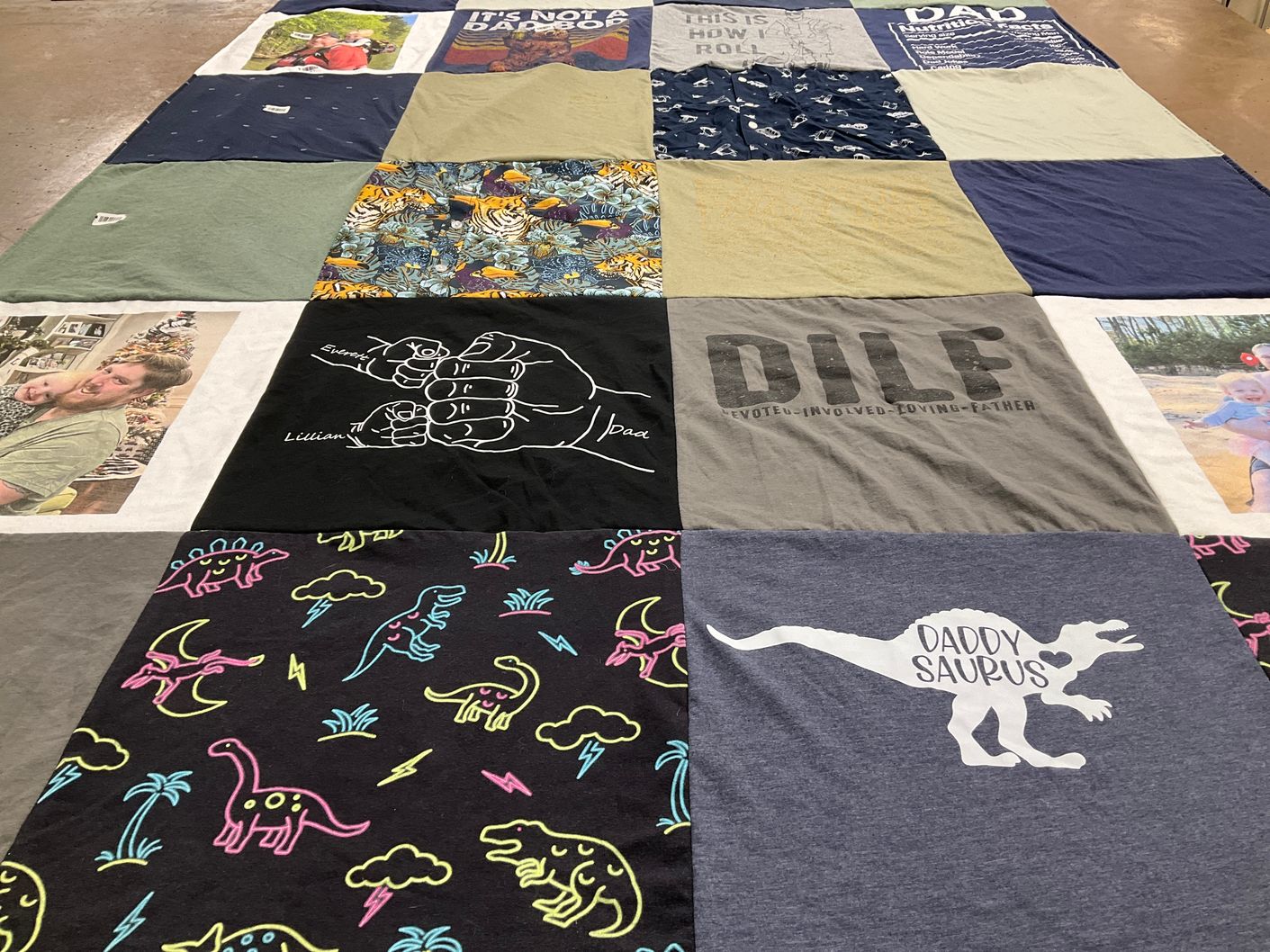 T-shirt quilt with family, dinosaurs themes by Mallory from GA
