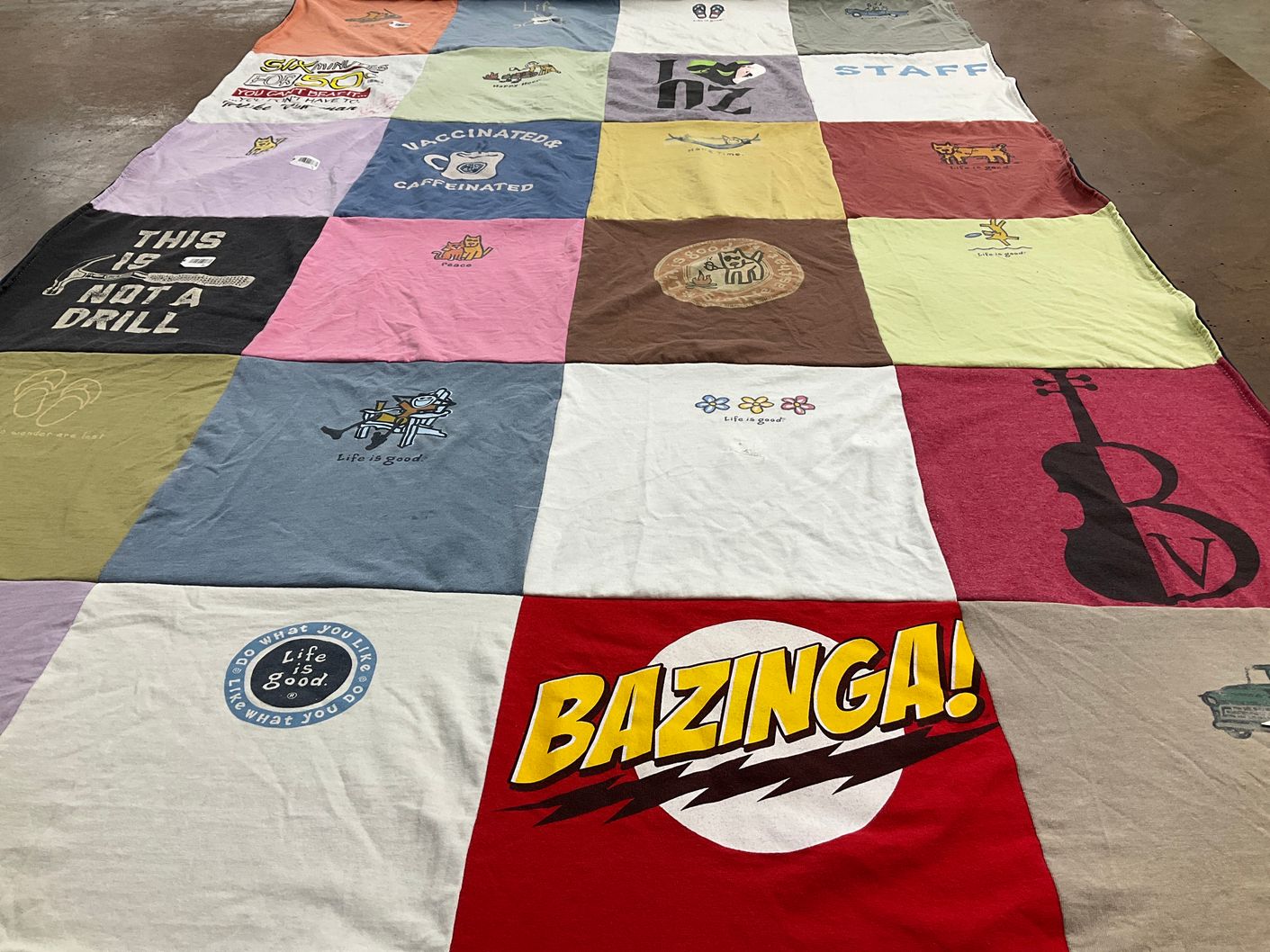 T-shirt quilt with comedy, outdoor activities themes by Amy from MI