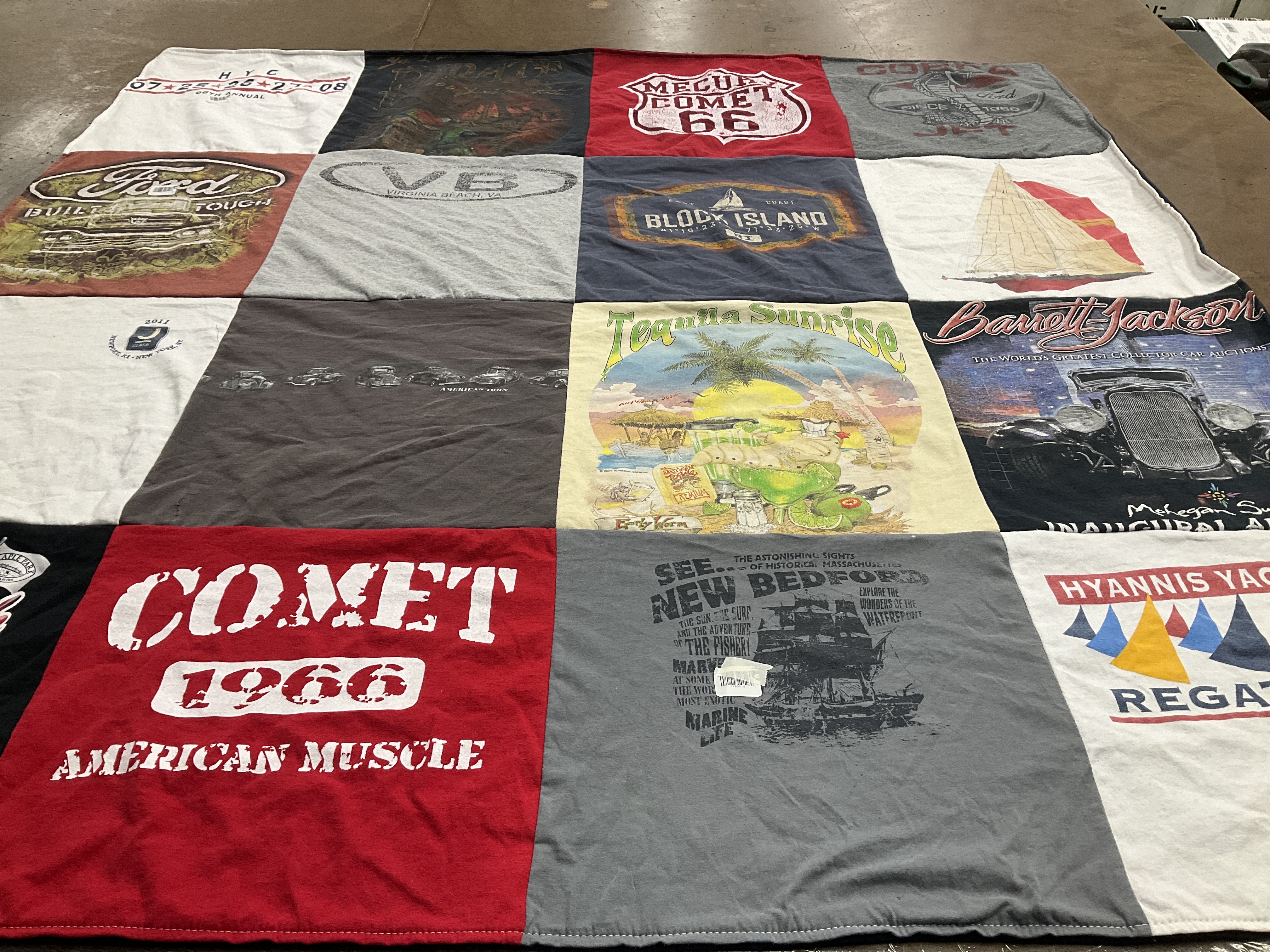 T-shirt quilt with american muscle cars, automobiles themes by Erin from MA