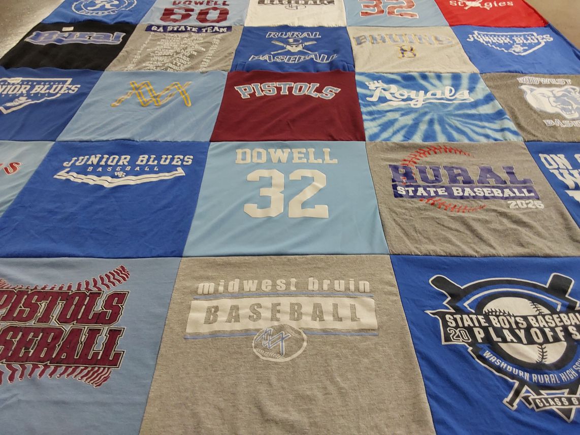 T-shirt quilt featuring midwest bruin baseball, junior blues baseball by Lindsey from KS