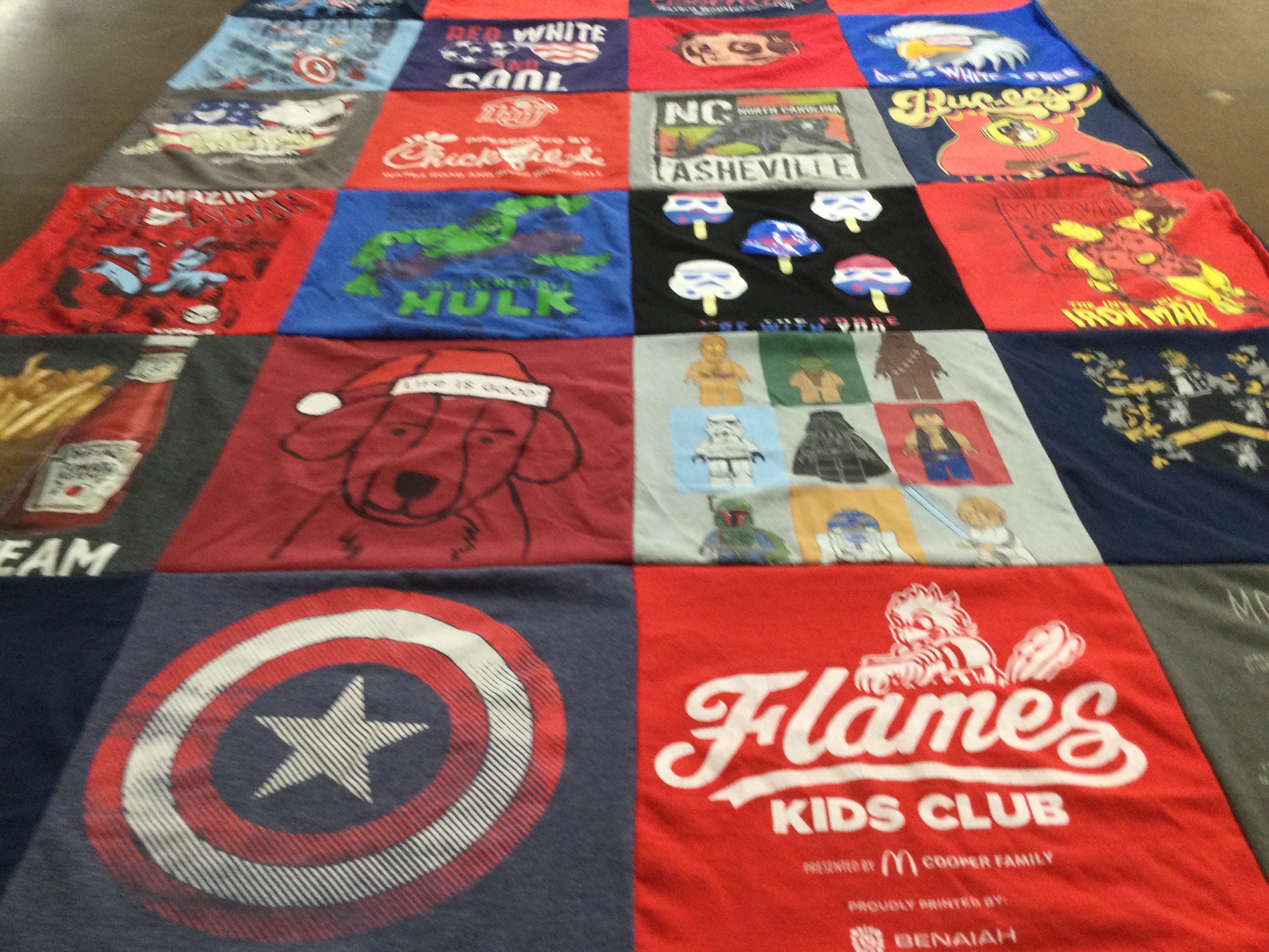 T-shirt quilt with comics, superheroes themes by Kristen from VA