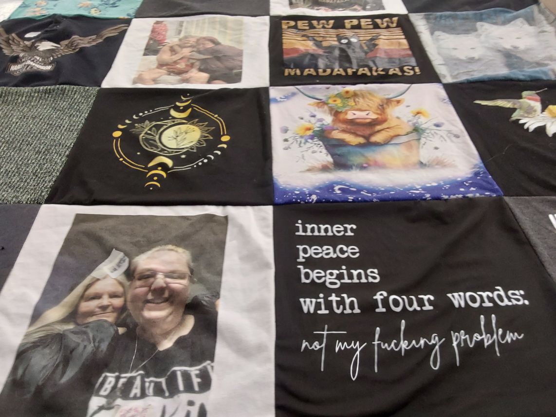 T-shirt quilt with humor, peace themes by Heather from TX