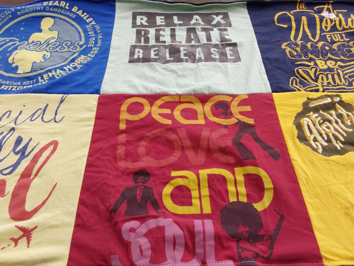 T-shirt quilt with music, peace themes by MDC from AL
