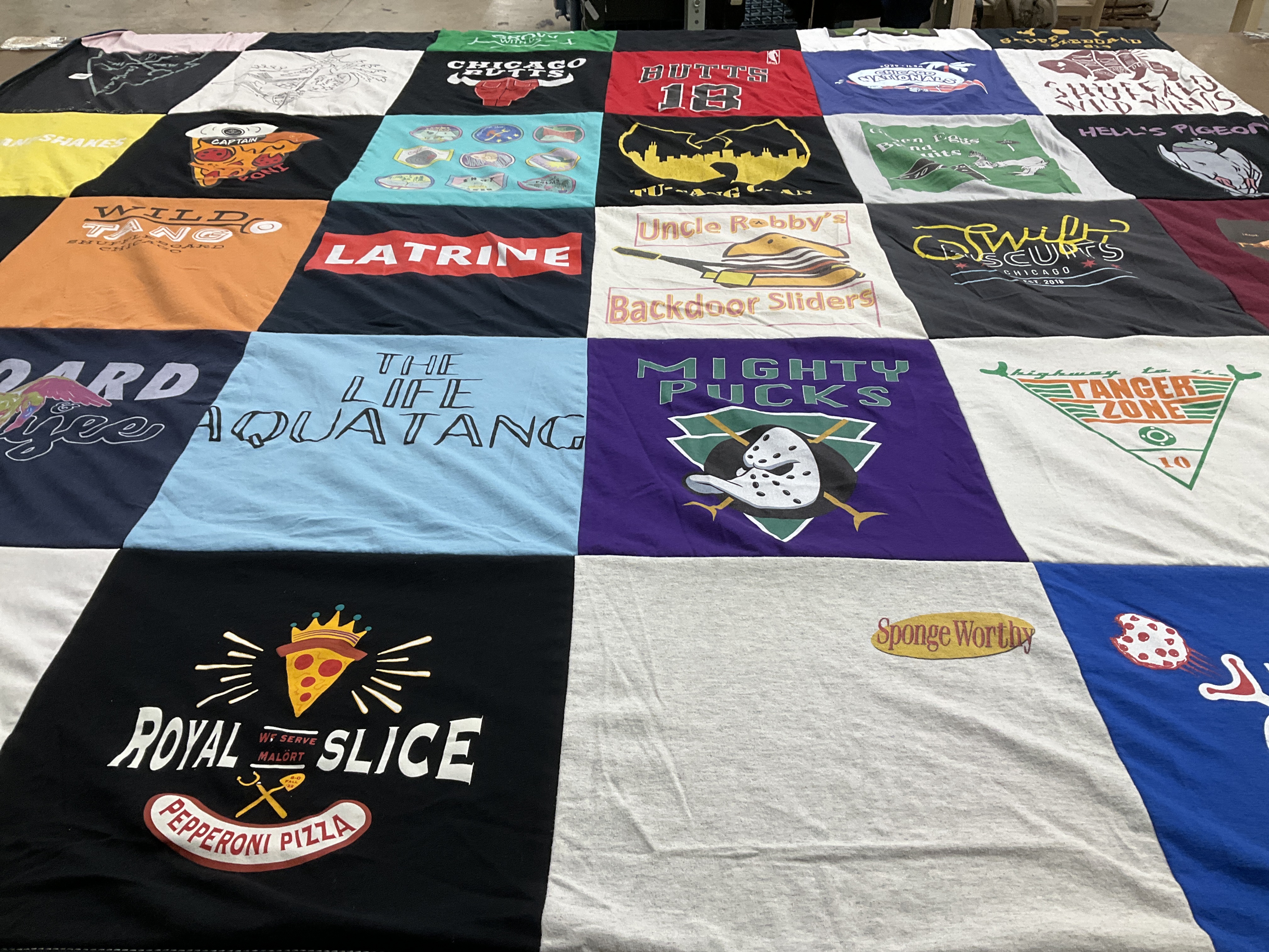 T-shirt quilt with pizza, food themes by Kate from IL