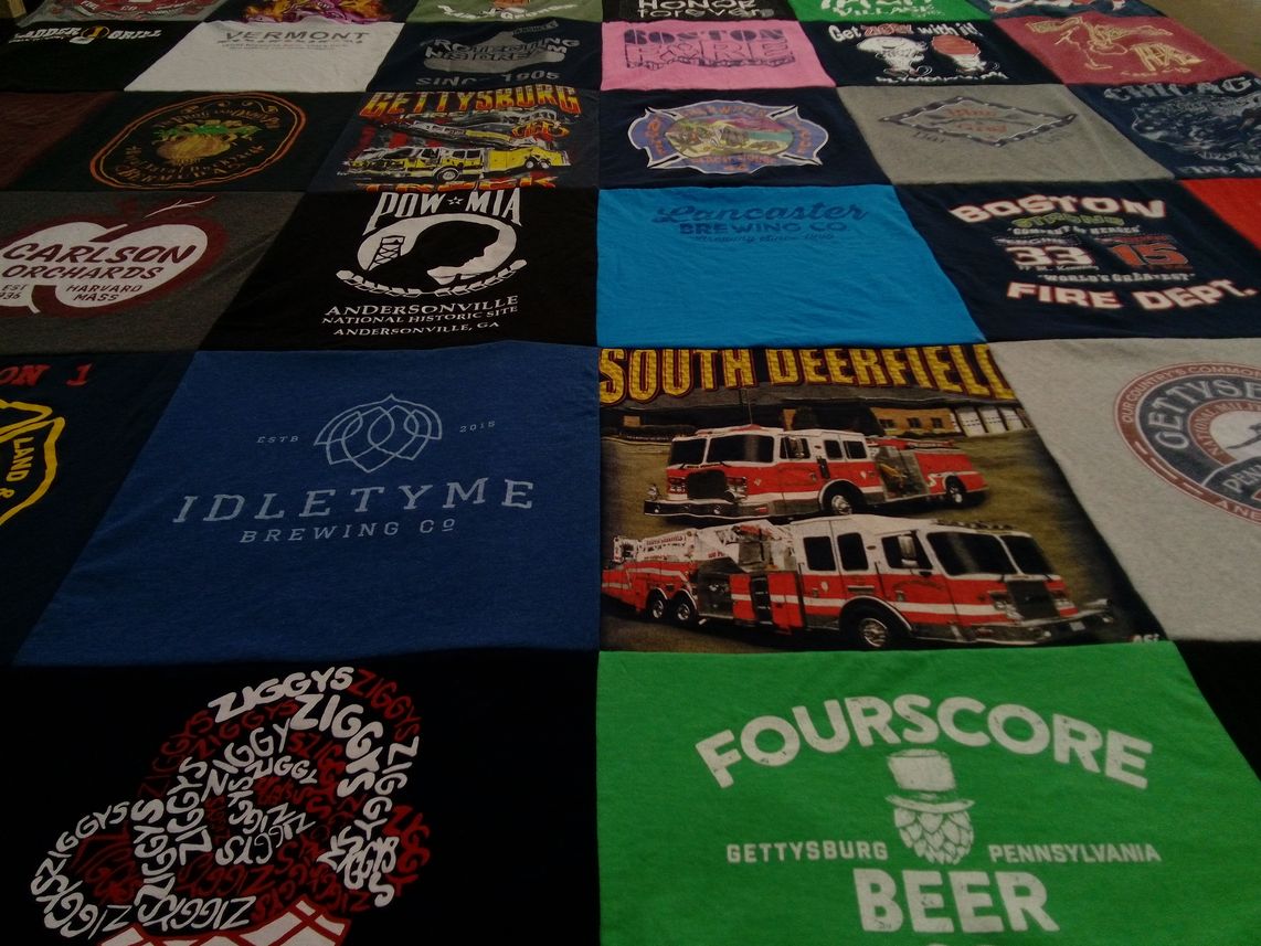 T-shirt quilt with brewing, history themes by carol from MA