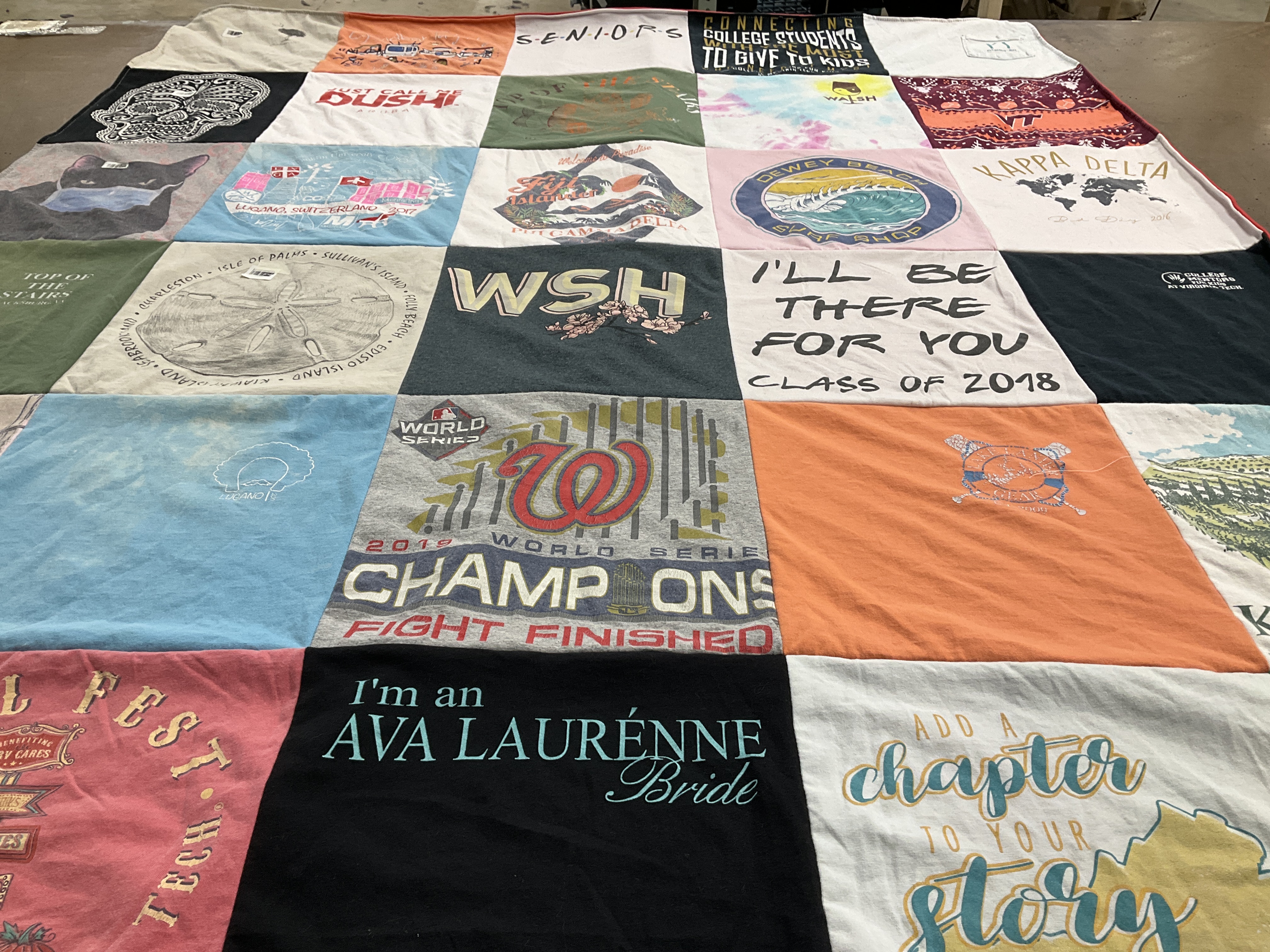 T-shirt quilt with graduation, sushi themes by Lisa from VA