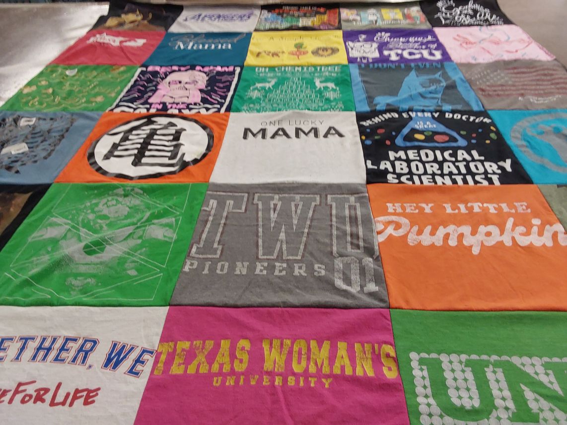 T-shirt quilt featuring texas woman's university by Azia from TX