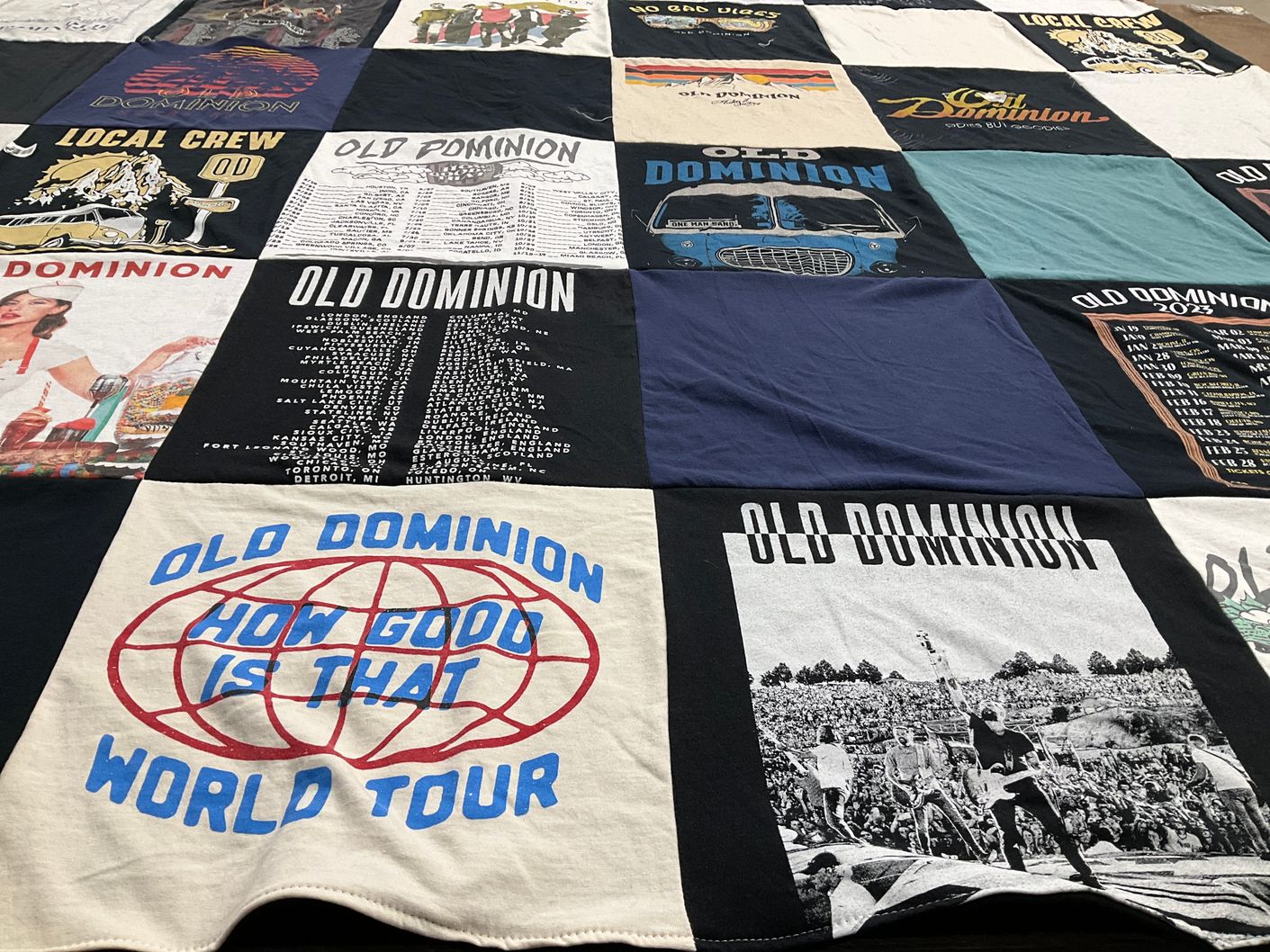 T-shirt quilt with music, concerts themes by Susan from IL