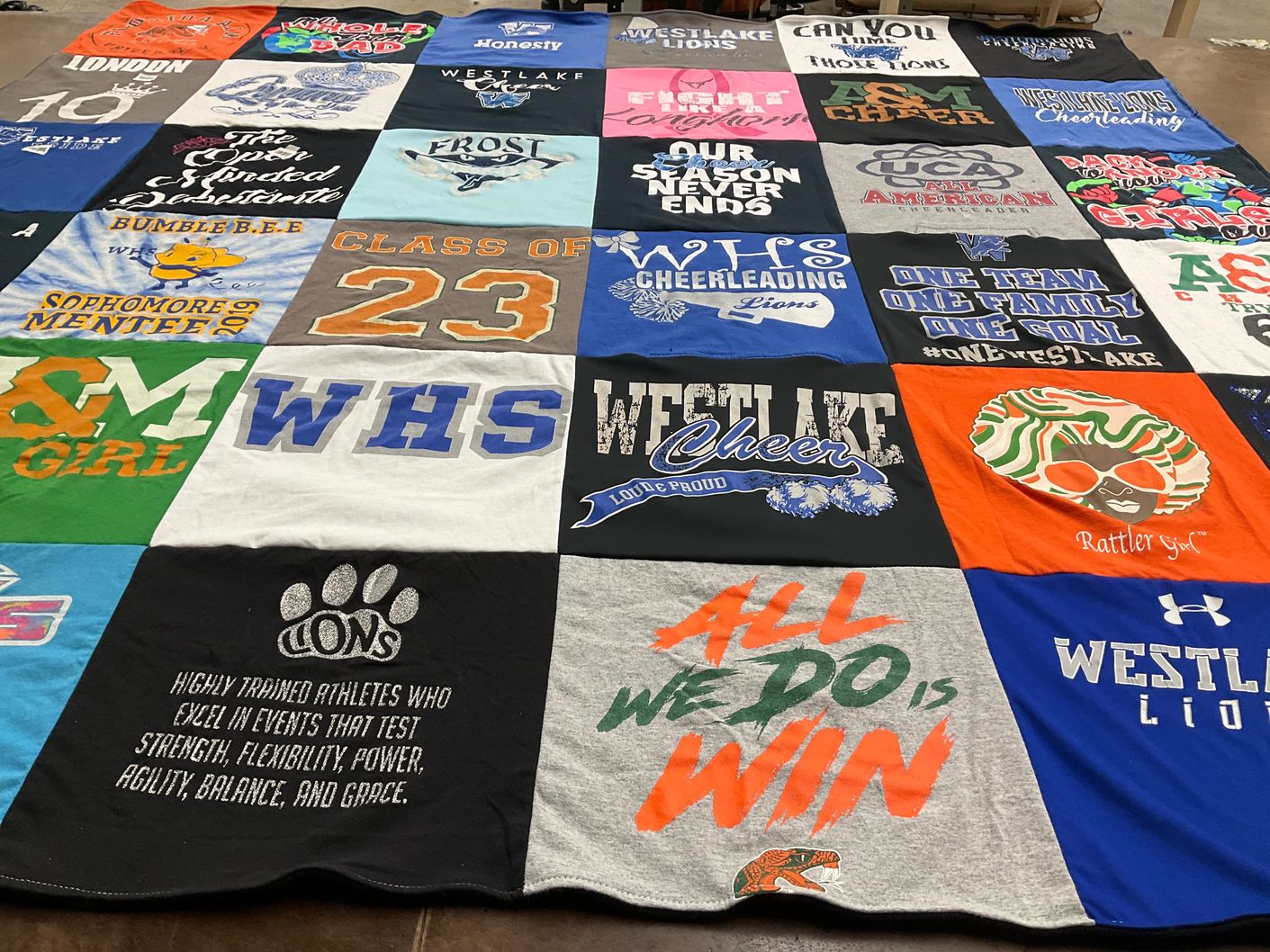 T-shirt quilt featuring westlake lions, cheerleading by London from TX