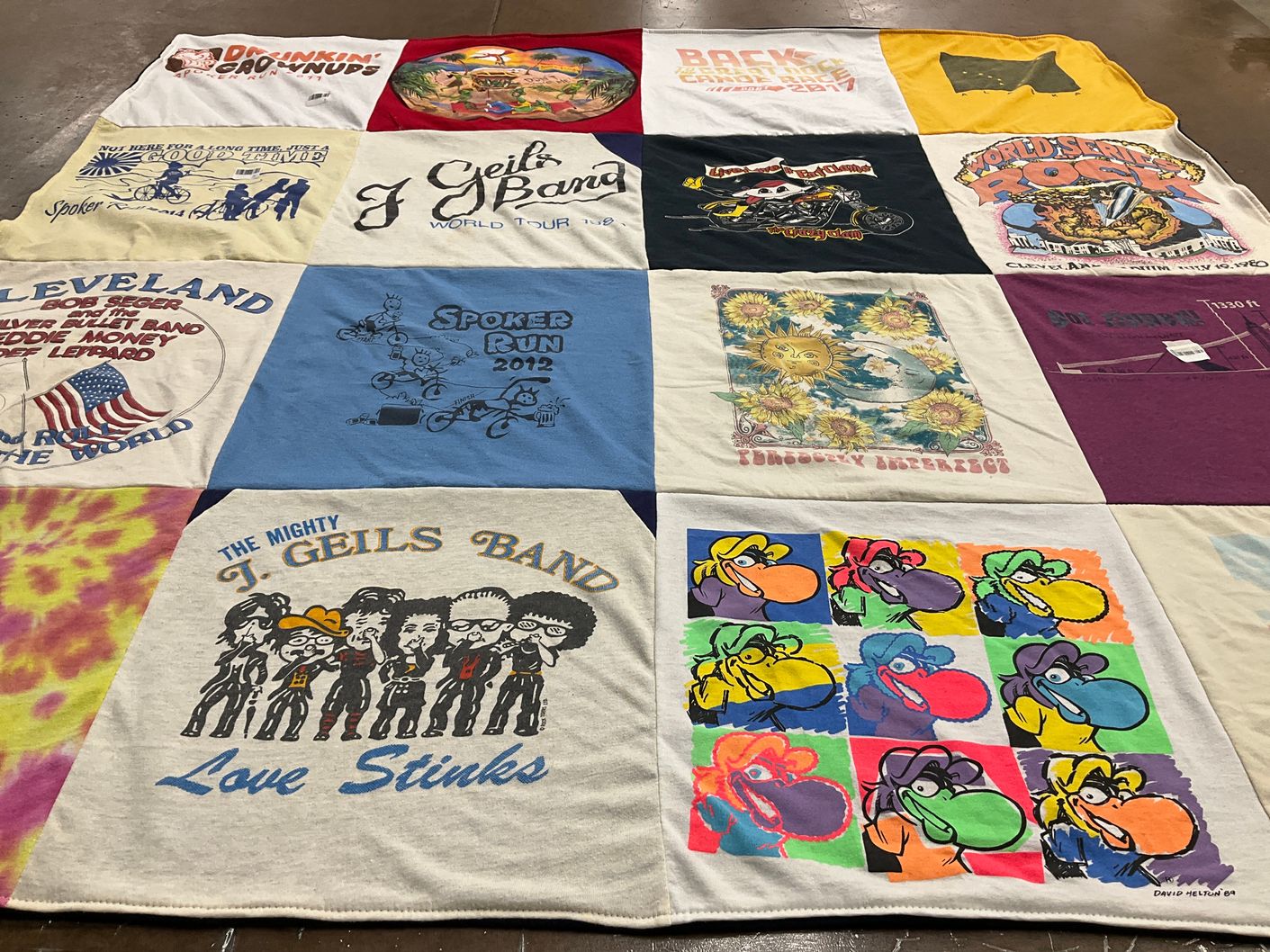 T-shirt quilt with music, motorcycles themes by Debbie from FL