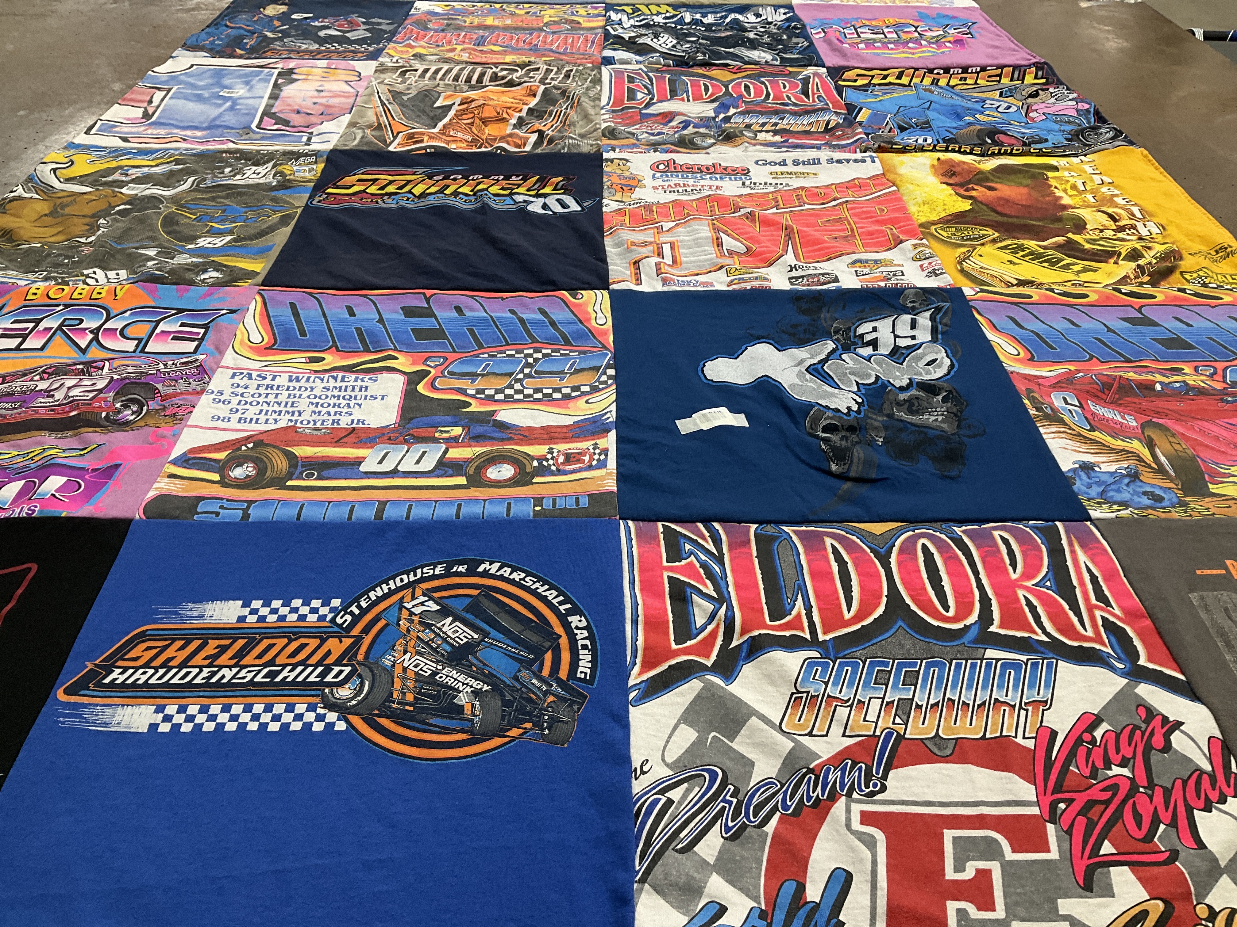 T-shirt quilt with racing, automotive themes by Teresa from OH
