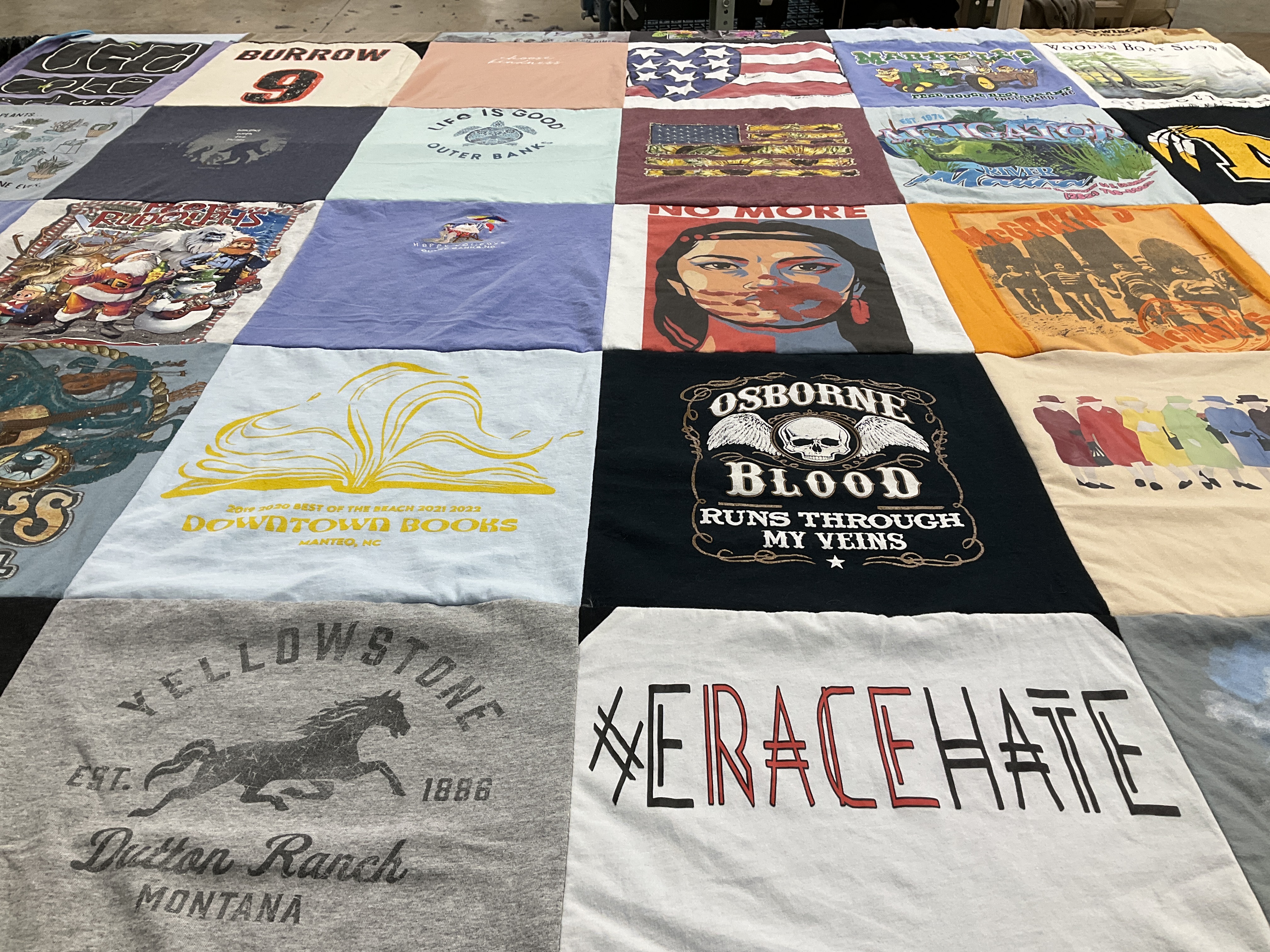 T-shirt quilt with books, travel themes by Anna from NC