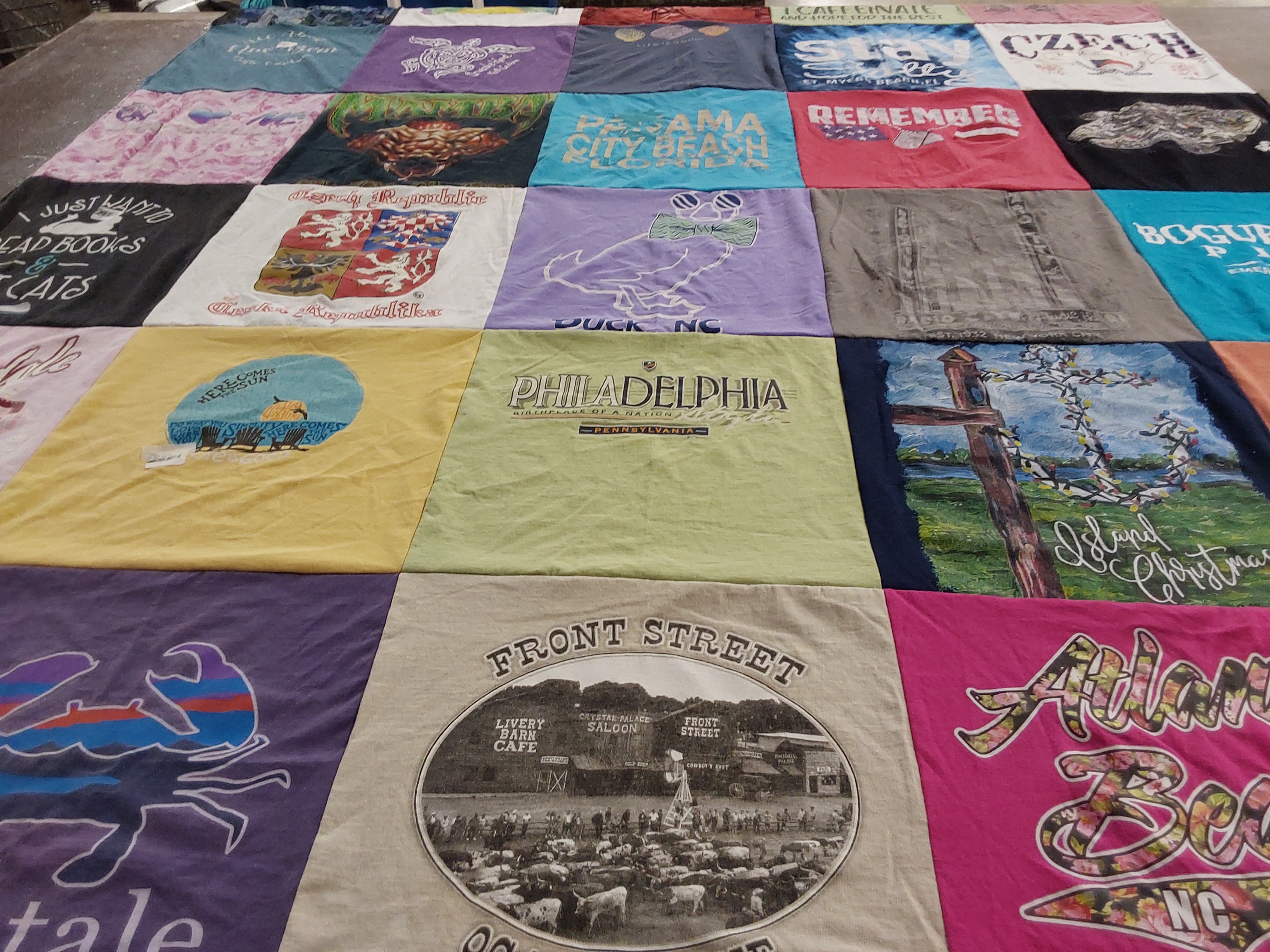 T-shirt quilt with reading, travel themes by Cynthia from NC