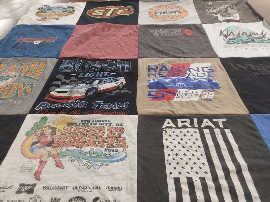 T-shirt quilt with racing, water sports themes by Stacy from CA