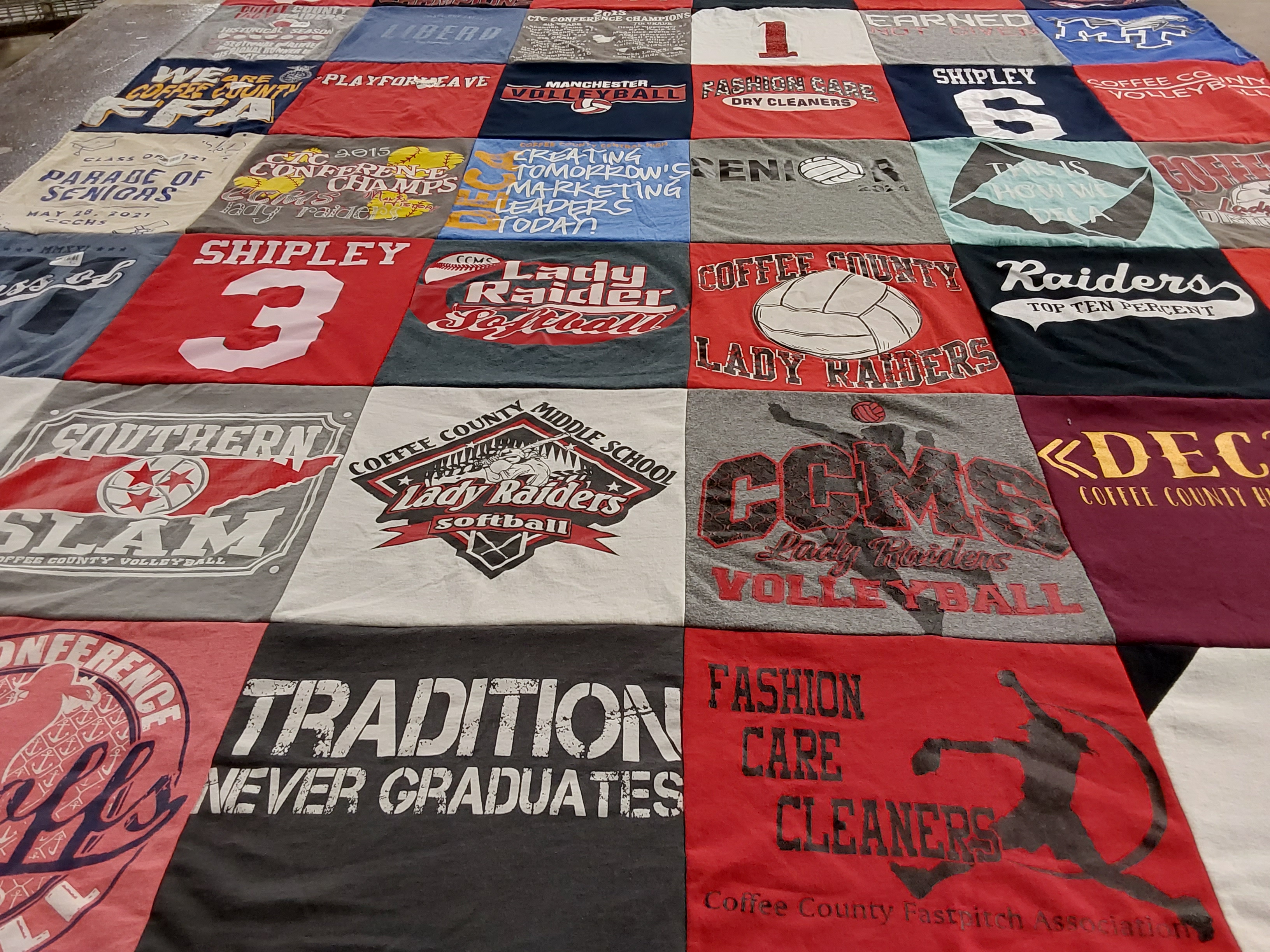 T-shirt quilt featuring coffee county lady raiders softball, ccms lady raiders volleyball by Jolene from CA