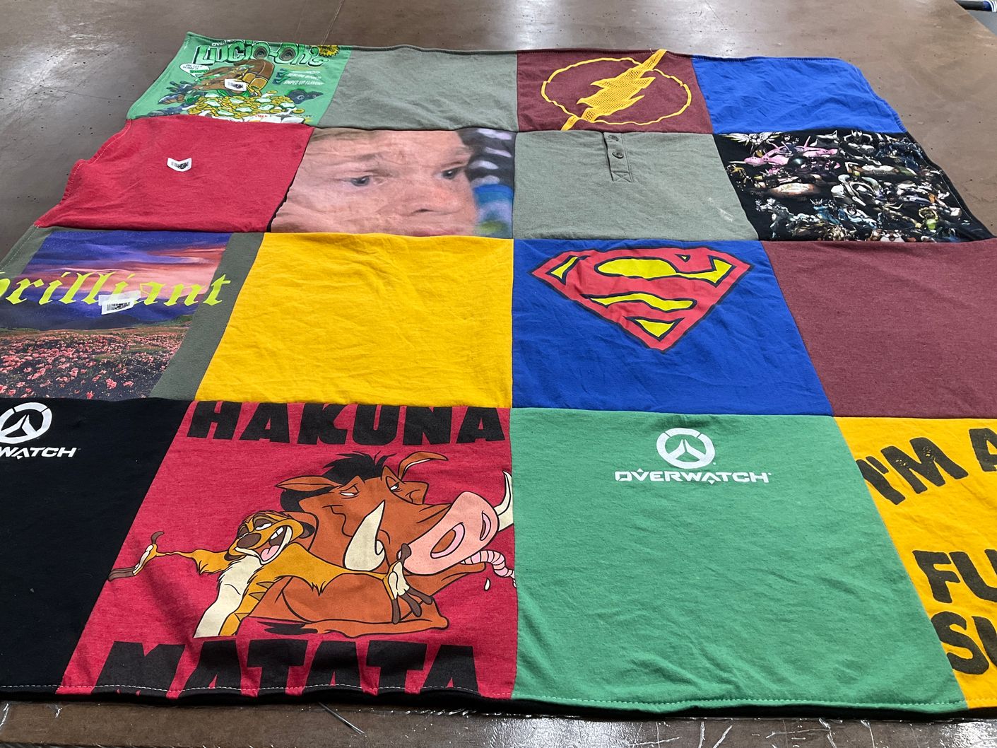 T-shirt quilt with comics, video games themes by Candice from FL