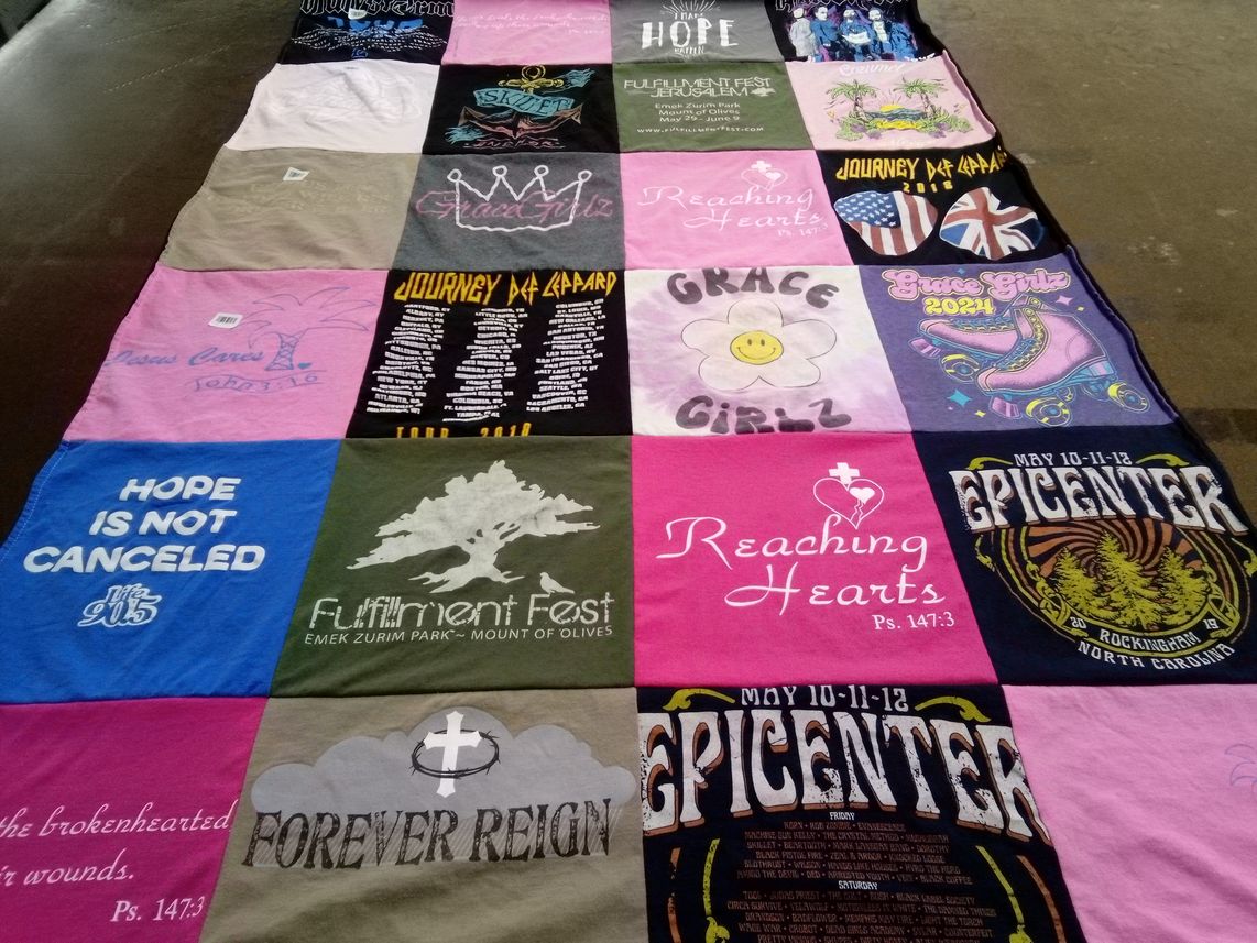 T-shirt quilt with community, faith themes by Hannah from NC