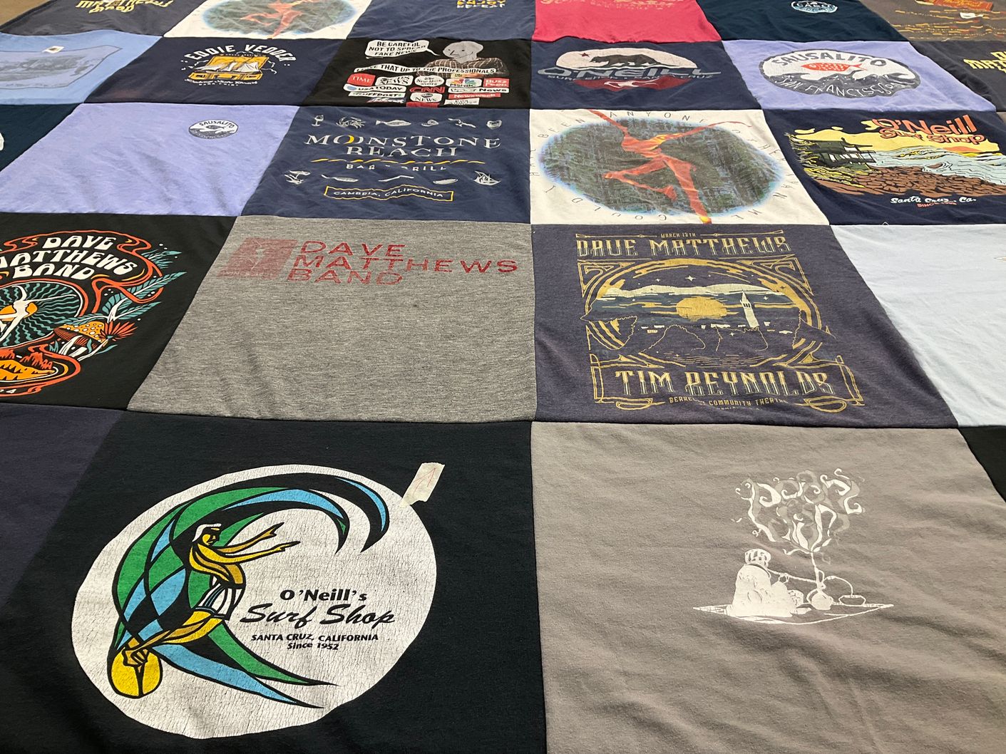 T-shirt quilt with music, surfing themes by Robyn from CA