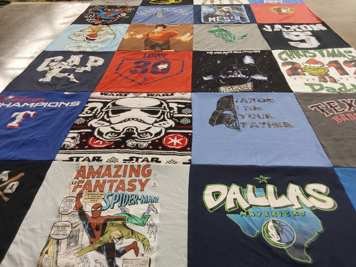 T-shirt quilt with superheroes, star wars themes by Carrie from FL