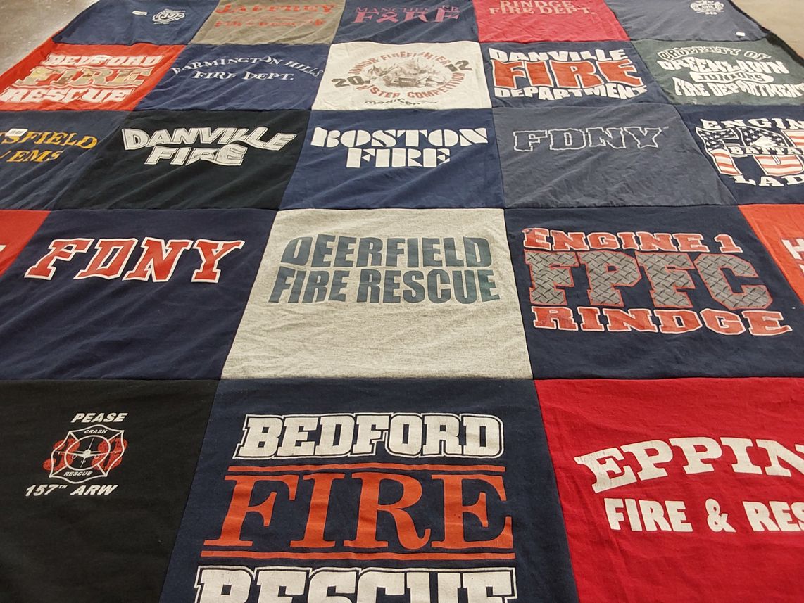 T-shirt quilt with firefighting, emergency services themes by John from NH