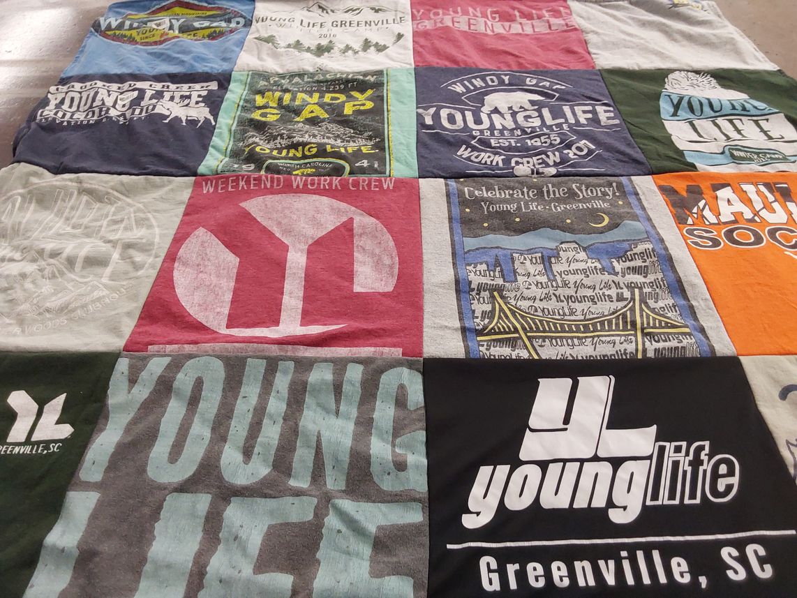 T-shirt quilt with youth ministry, outdoor activities themes by Vanessa from GA