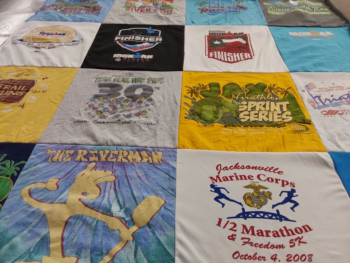 T-shirt quilt with running, triathlon themes by Kristi from AK