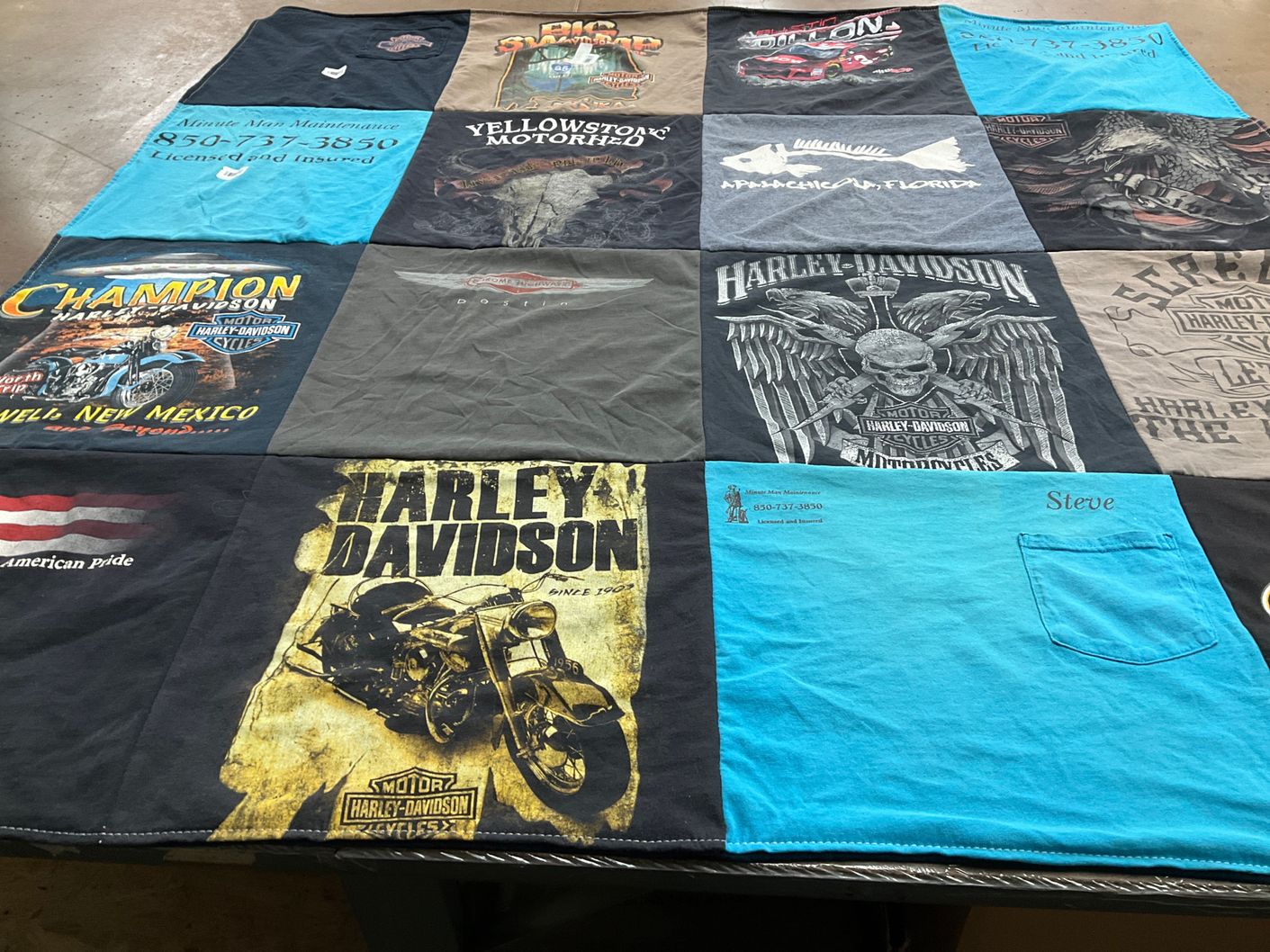 T-shirt quilt with motorcycles, biking themes by Kelly from FL