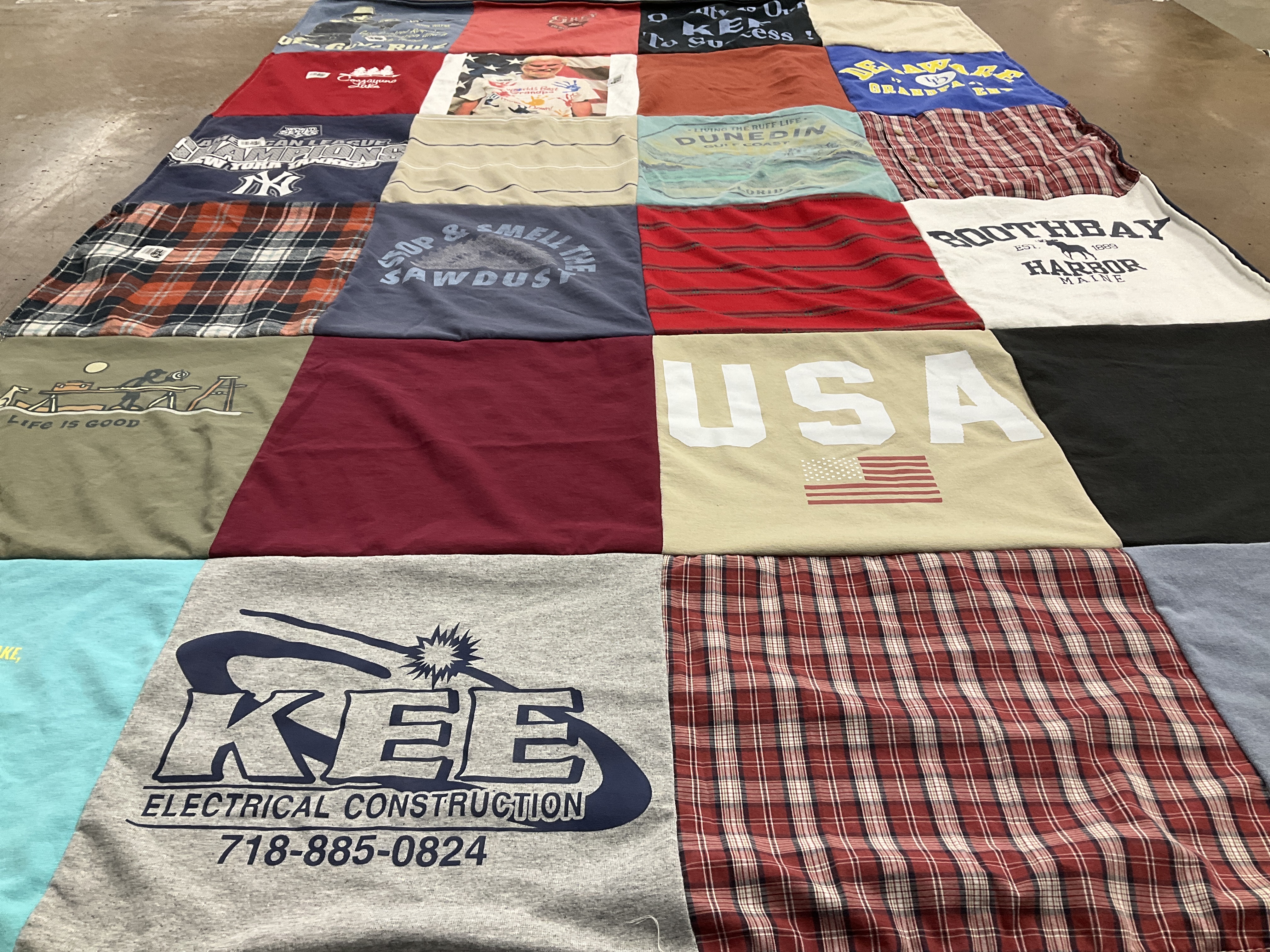 T-shirt quilt with construction, outdoor activities themes by Debra from NY
