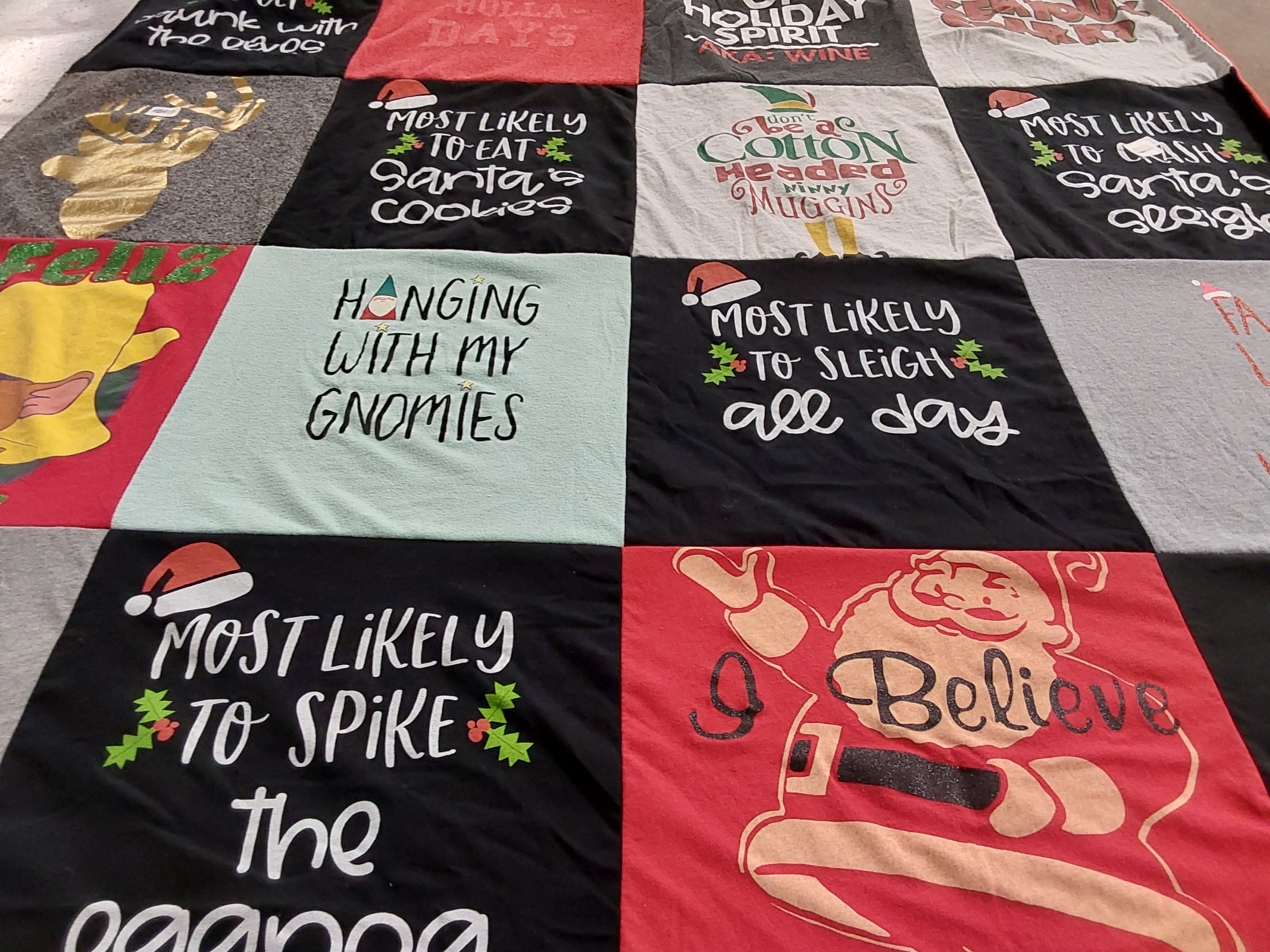 T-shirt quilt with christmas, holiday parties themes by Valerie from NY