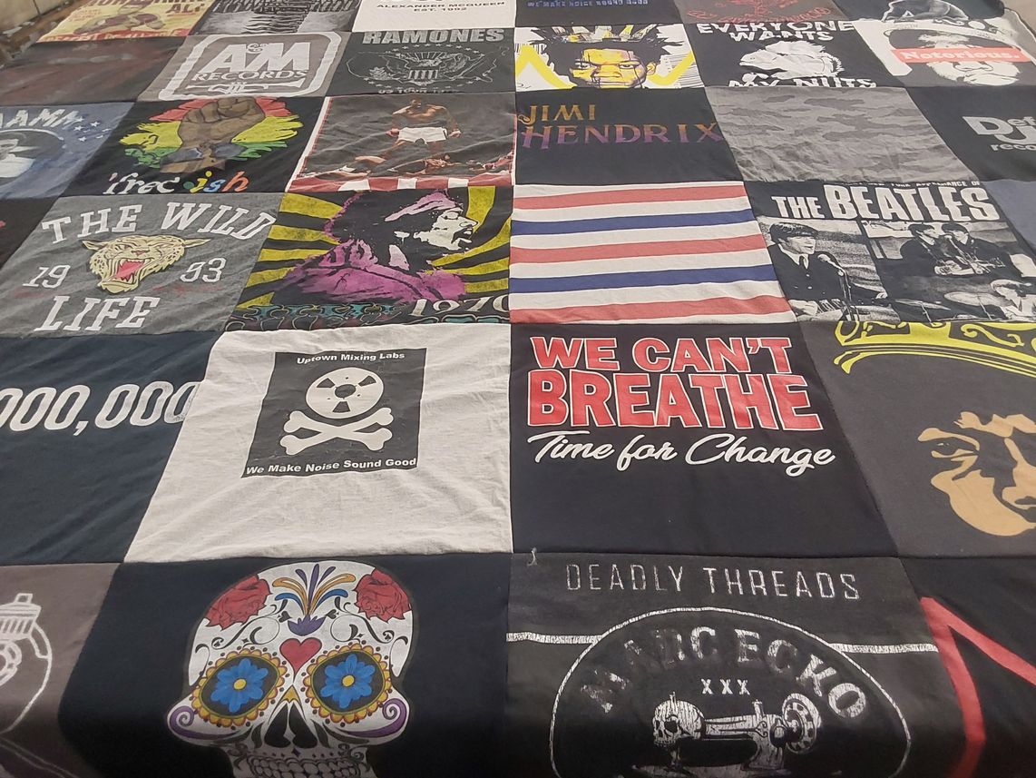T-shirt quilt with music, art themes by Ruth from FL
