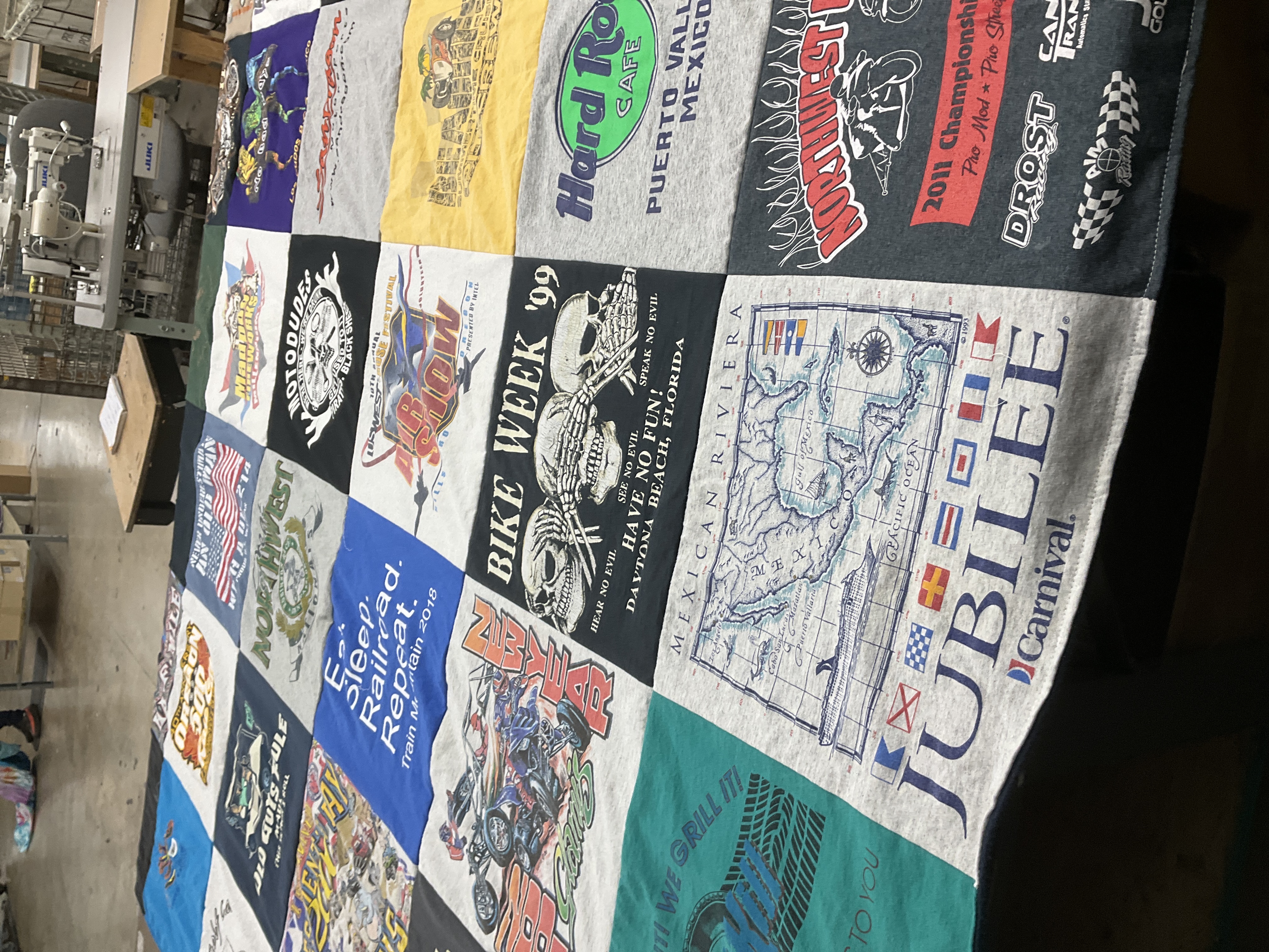 T-shirt quilt with motorcycles, railroads themes by Shannon from OR