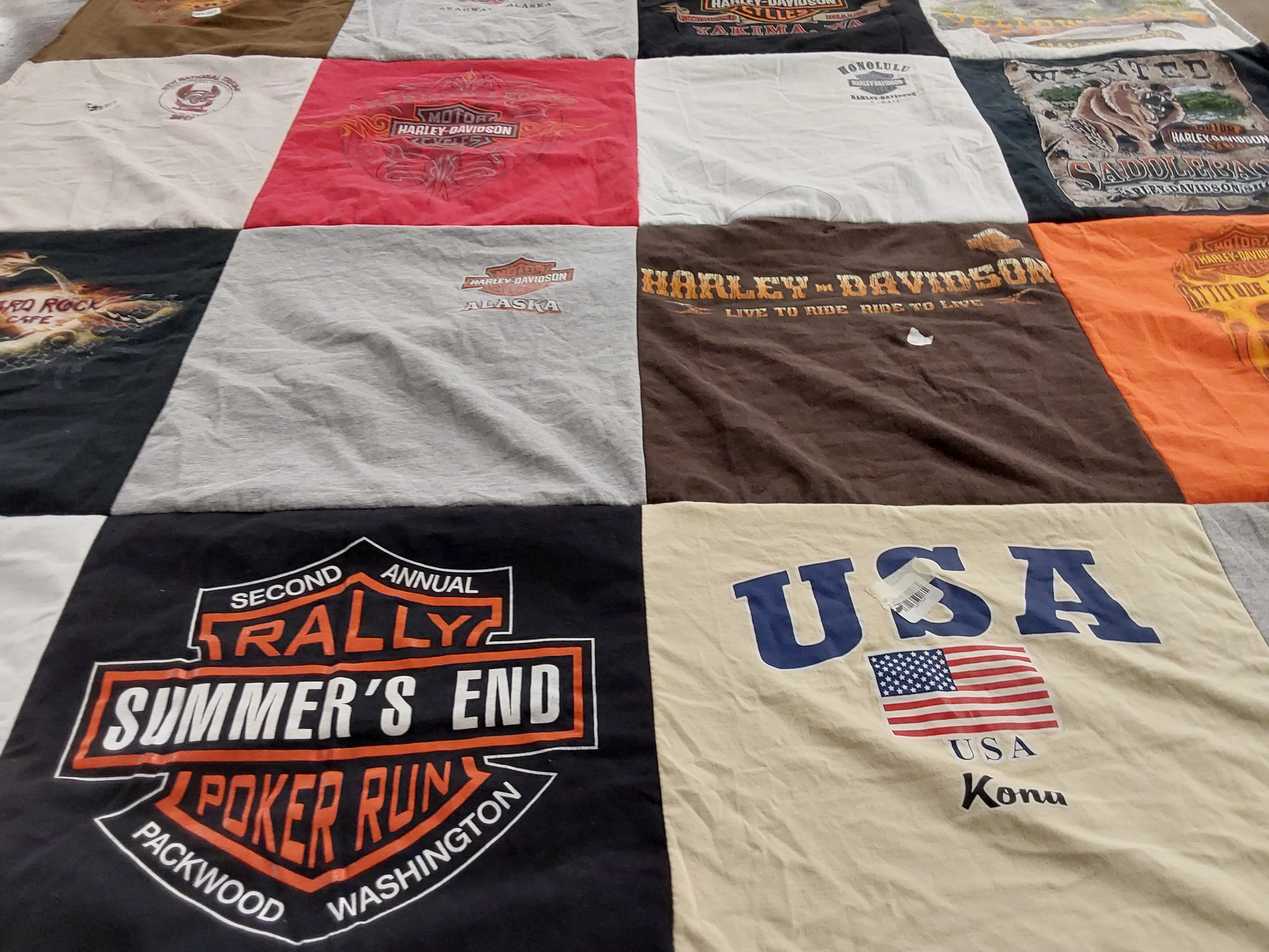 T-shirt quilt with motorcycles, poker themes by Kimberly from WA