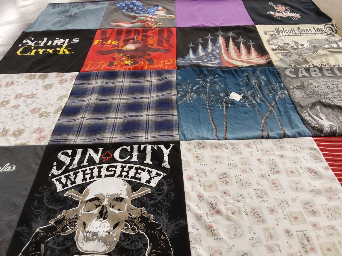 T-shirt quilt with tv shows, whiskey themes by Alana from NY