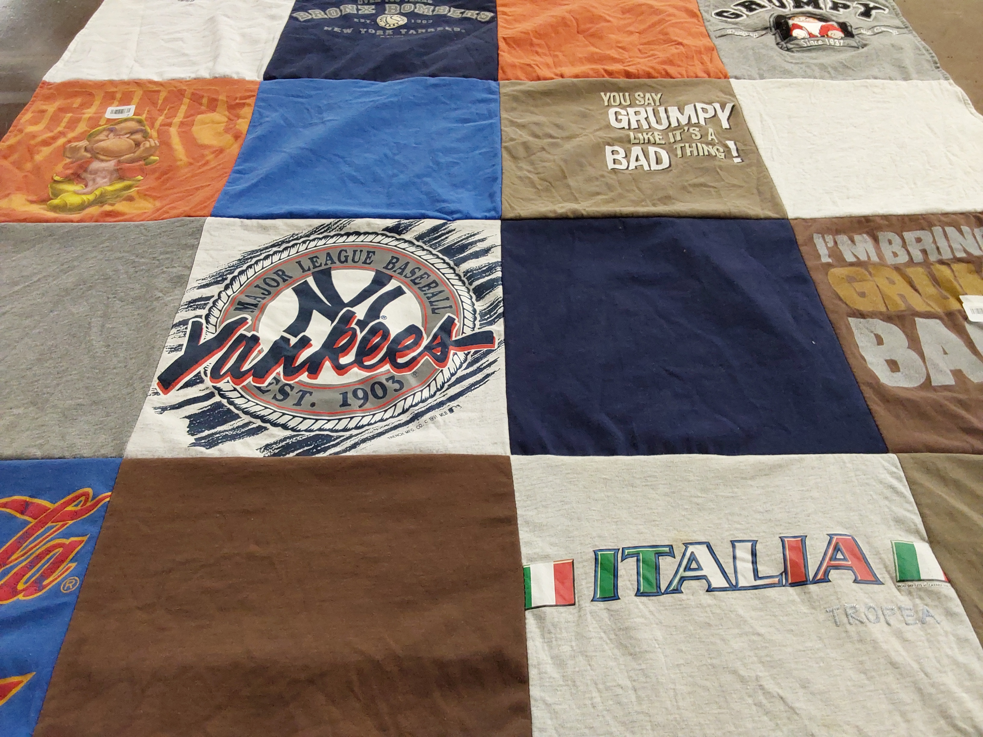 T-shirt quilt with baseball, humor themes by Patricia from CA