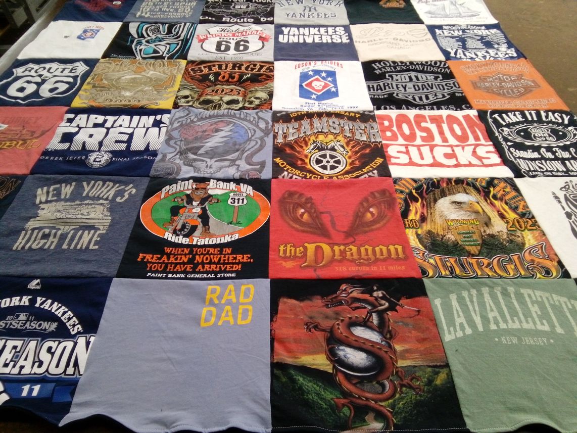 T-shirt quilt with motorcycling, travel themes by Joanne from NJ