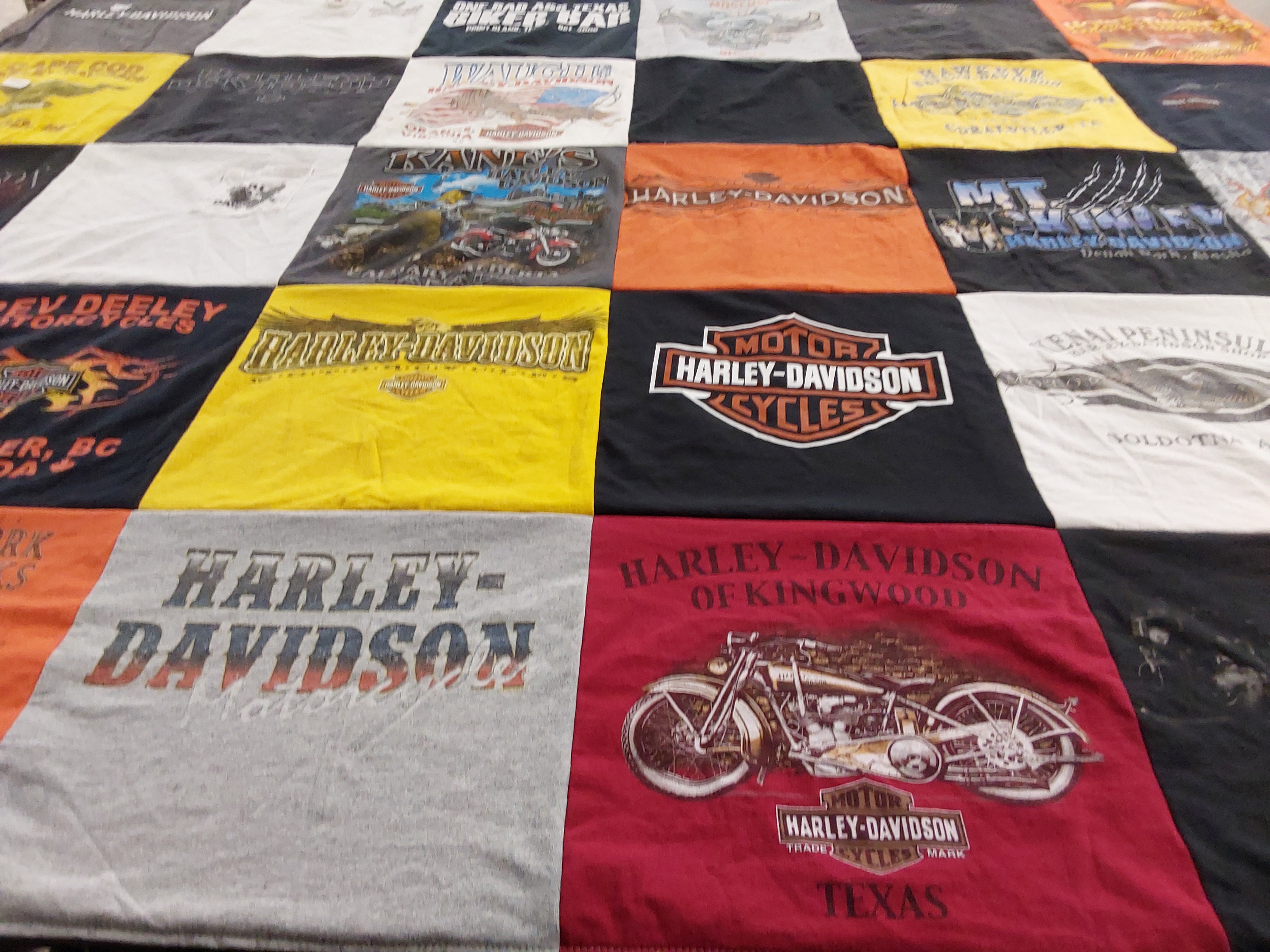 T-shirt quilt with motorcycles, biking themes by Kathleen from TX