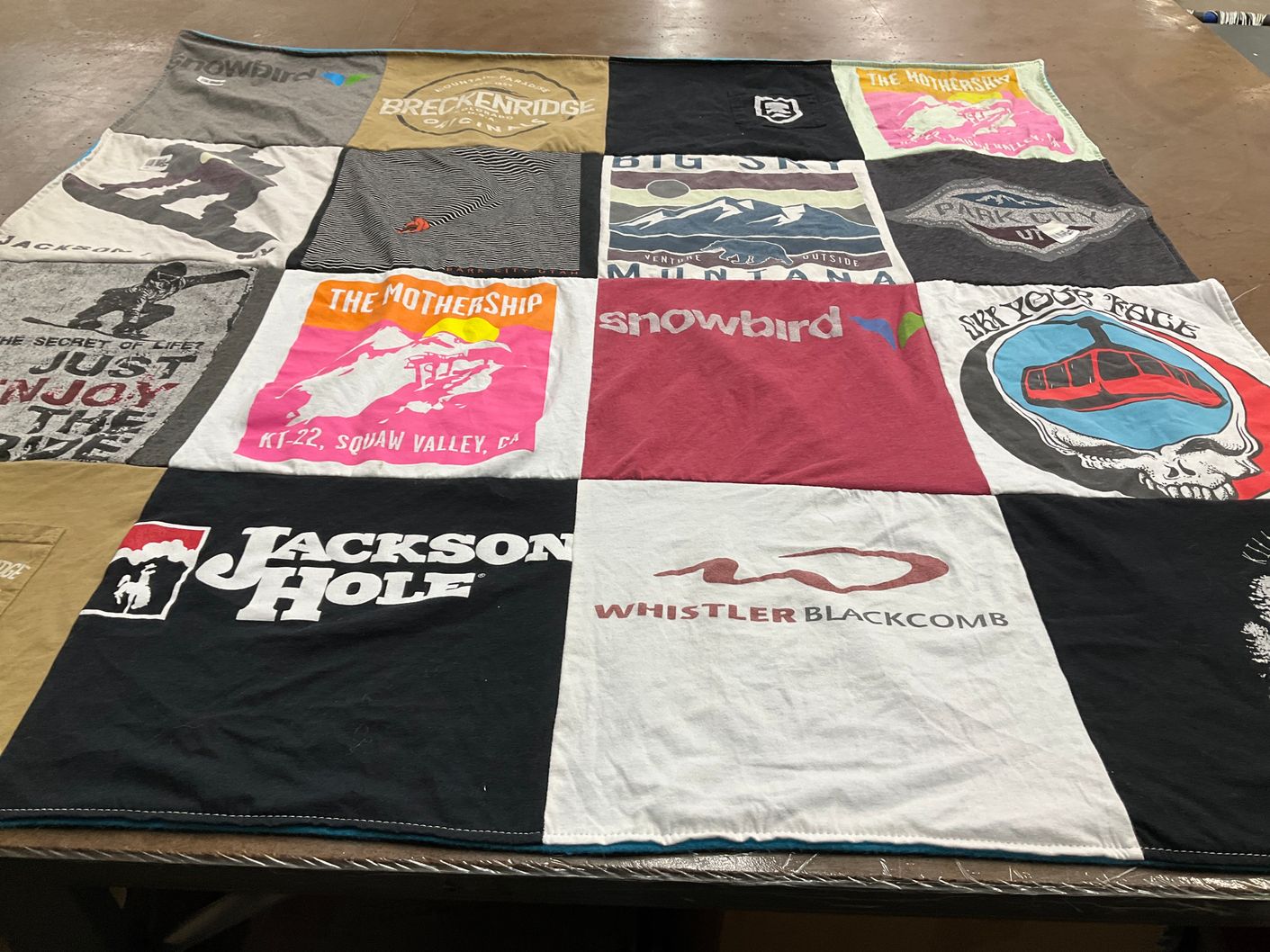 T-shirt quilt with skiing, snowboarding themes by Sarah from NC